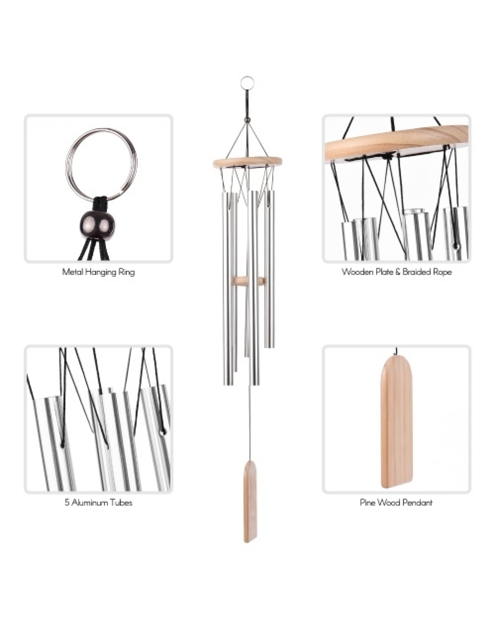 5 Chimes Wooden Wind Chimes Aluminum Tubes Solid Wood