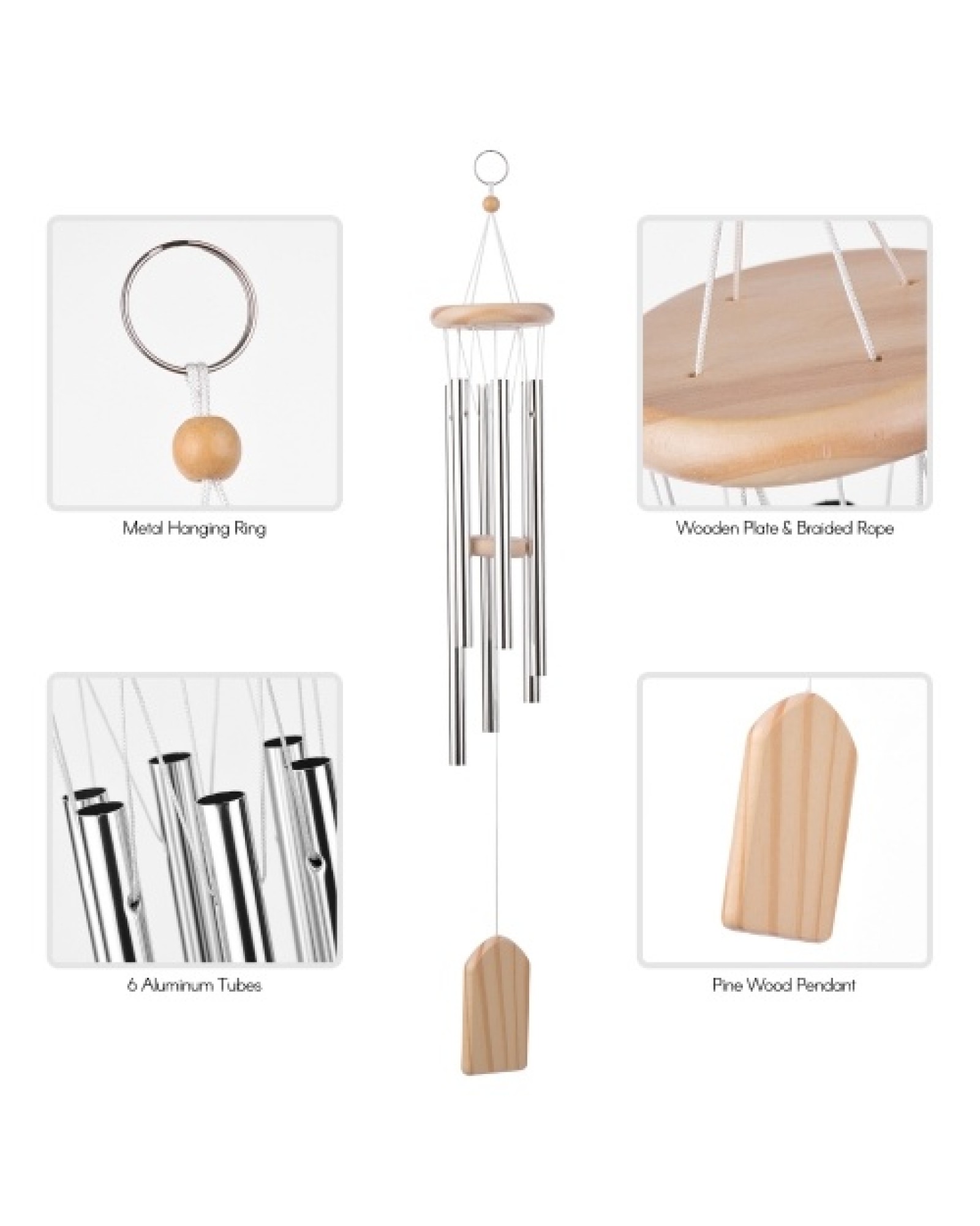Wooden Wind Chimes 6 Aluminum Tubes Pine Wood