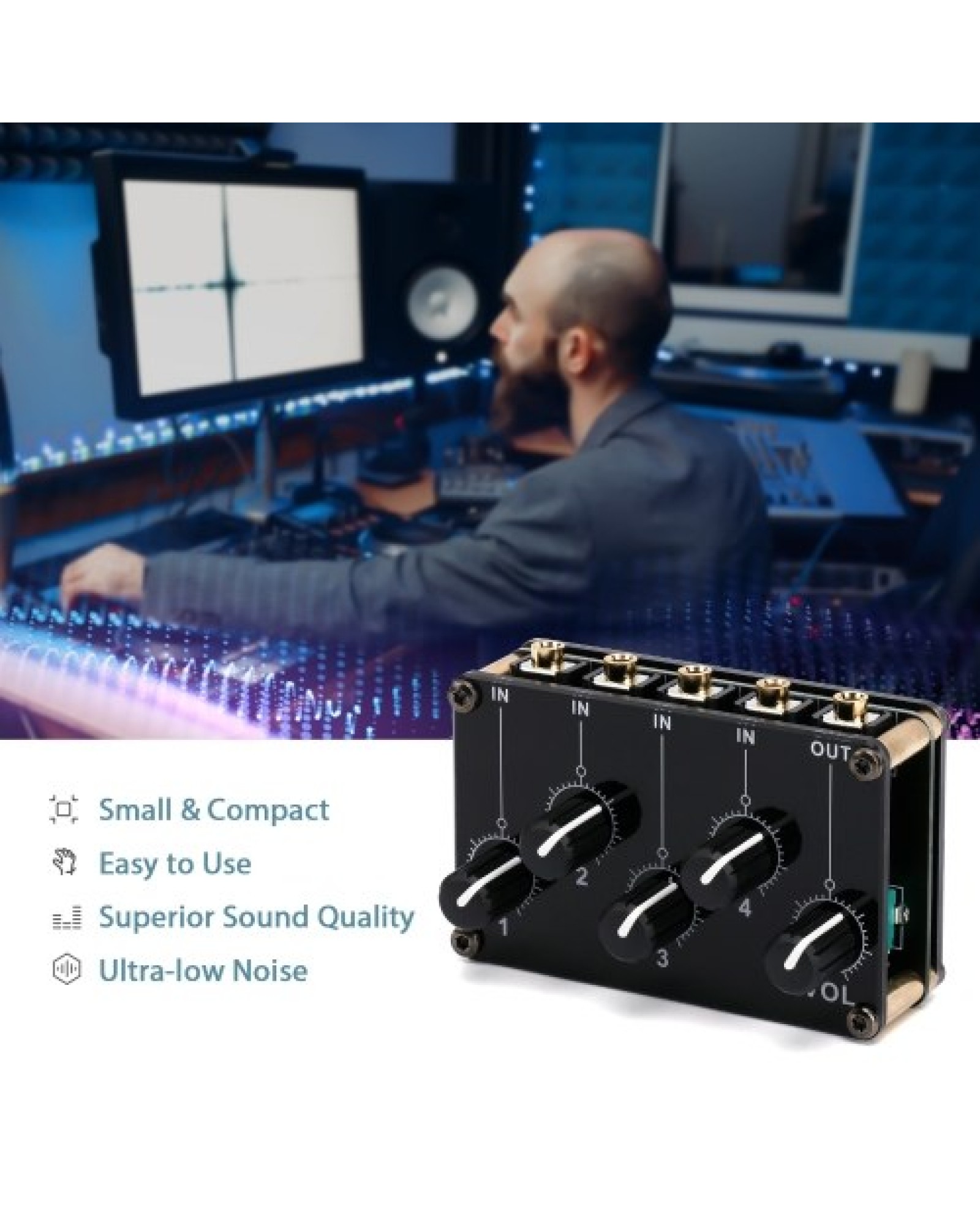4-in-1-out Passive Mixer Module Mini Stereo 4-Channel Passive Mixer Audio Mixer 4 Audio Input to 1 Output Ultra Compact Low Nois