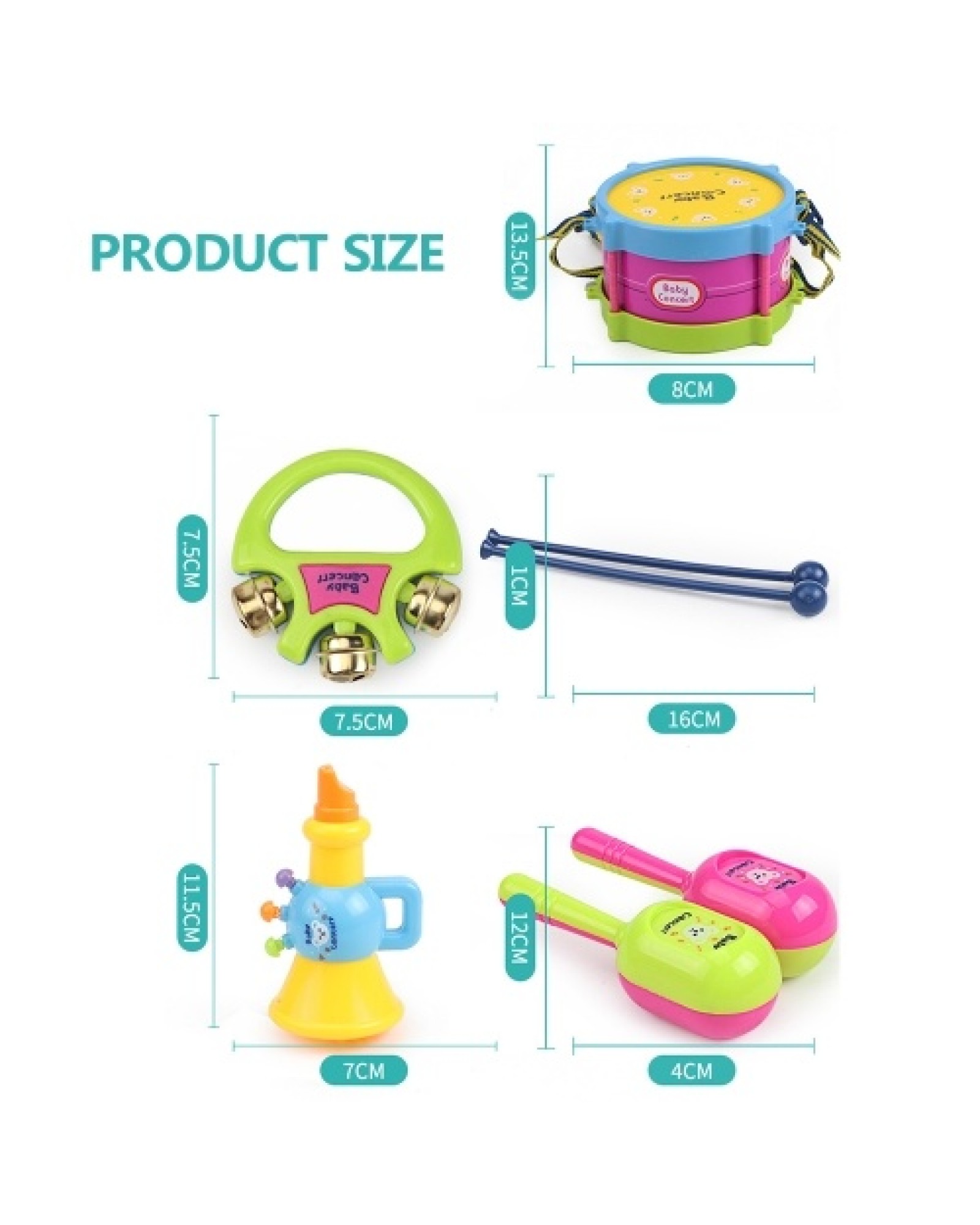Kids Musical Instrument Toys Drum Set Includes Drum Drumsticks Bell Sand Hammer Trumpet for Boys Girls Aged 3+