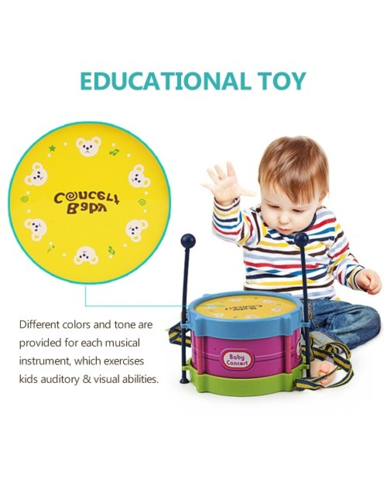 Kids Musical Instrument Toys Drum Set Includes Drum Drumsticks Bell Sand Hammer Trumpet for Boys Girls Aged 3+