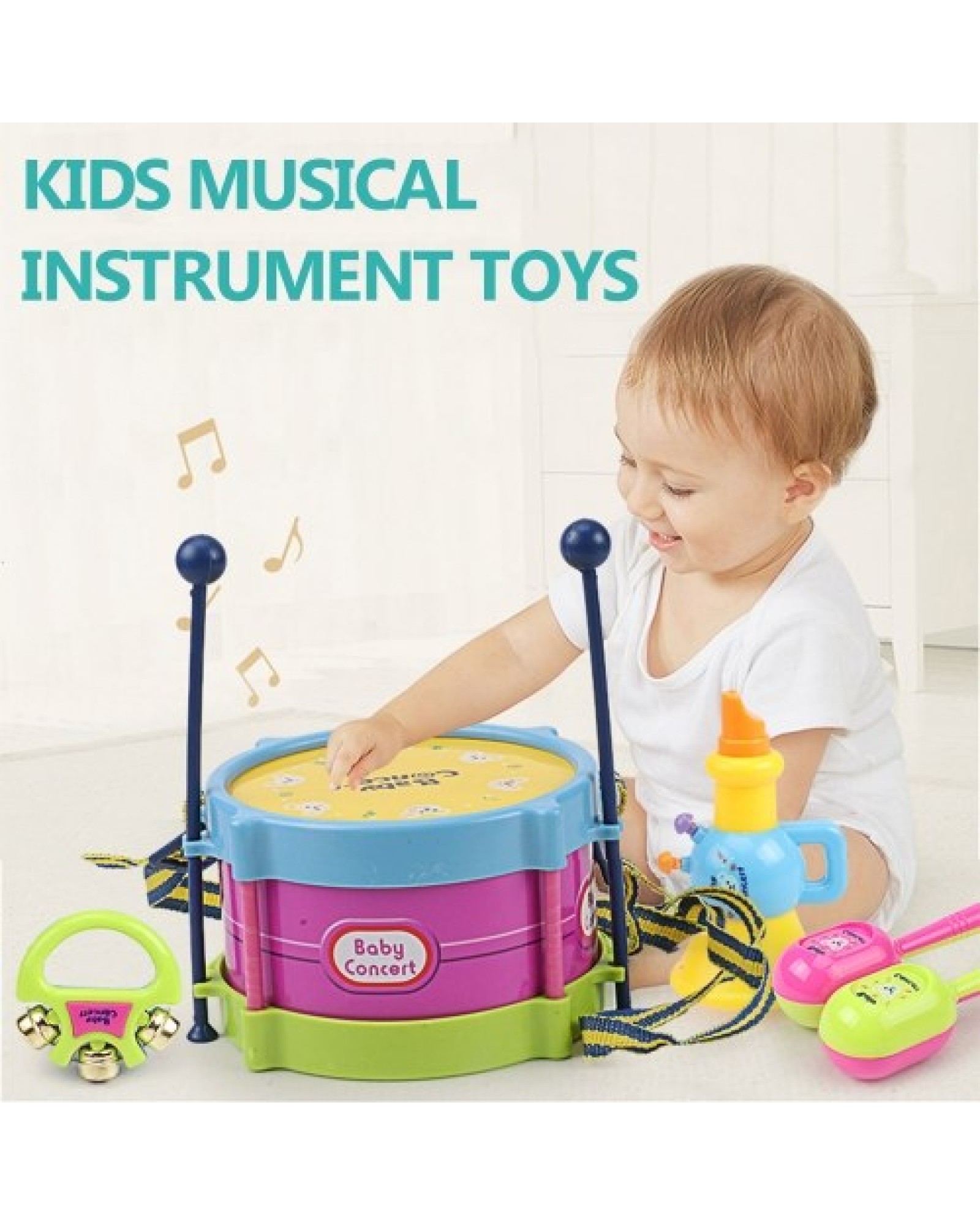 Kids Musical Instrument Toys Drum Set Includes Drum Drumsticks Bell Sand Hammer Trumpet for Boys Girls Aged 3+