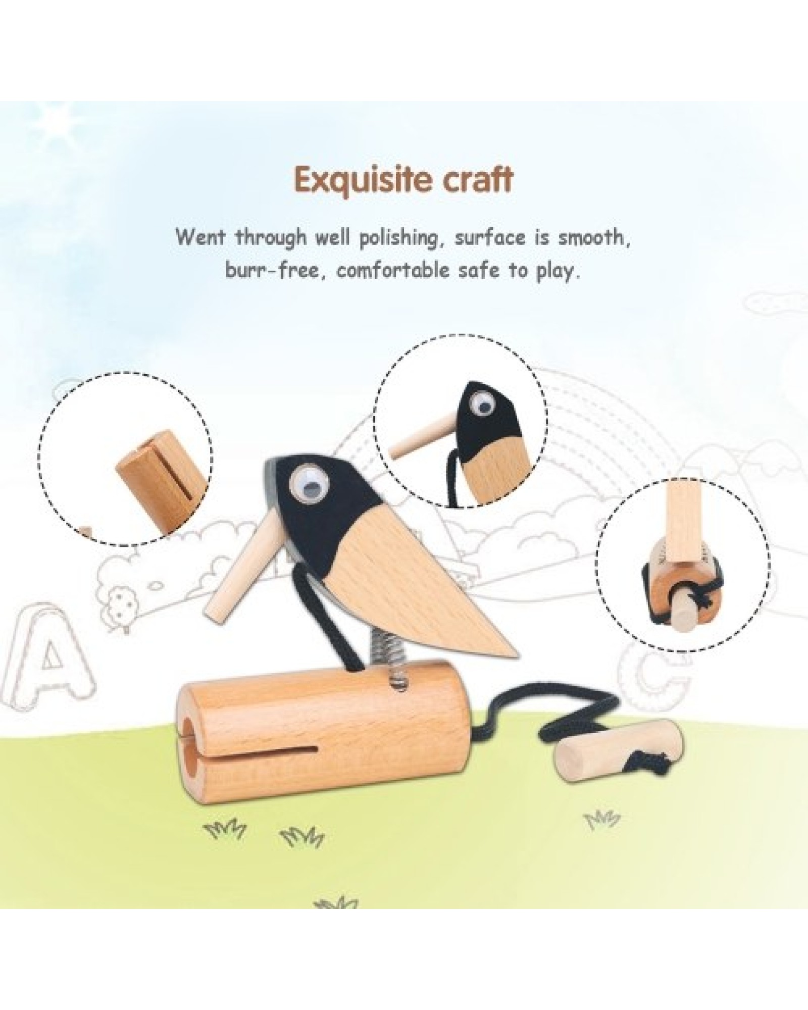 Wooden Pull Bird Beech Wood Woodpecker Musical Tone Block Percussion Musical Instrument