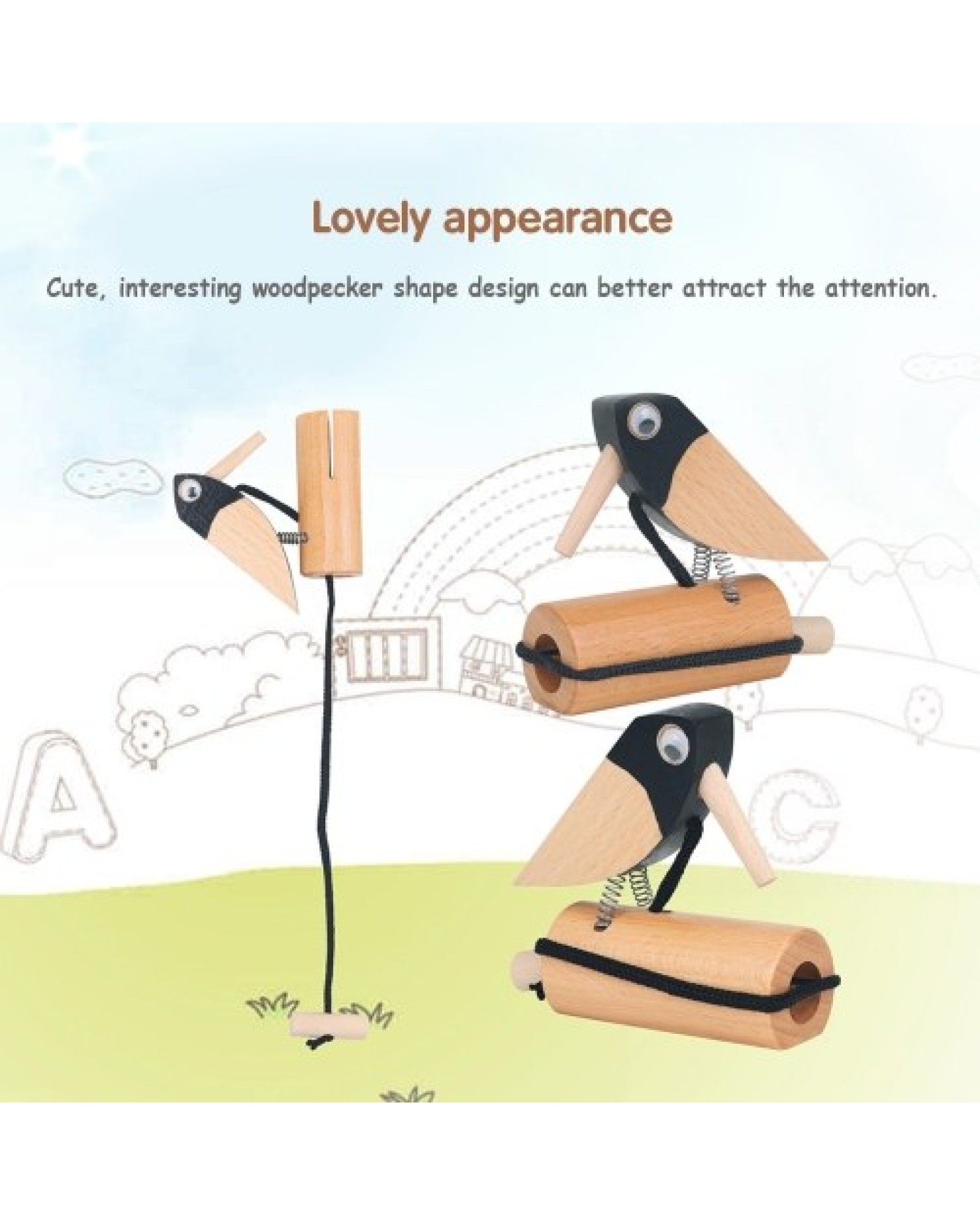 Wooden Pull Bird Beech Wood Woodpecker Musical Tone Block Percussion Musical Instrument