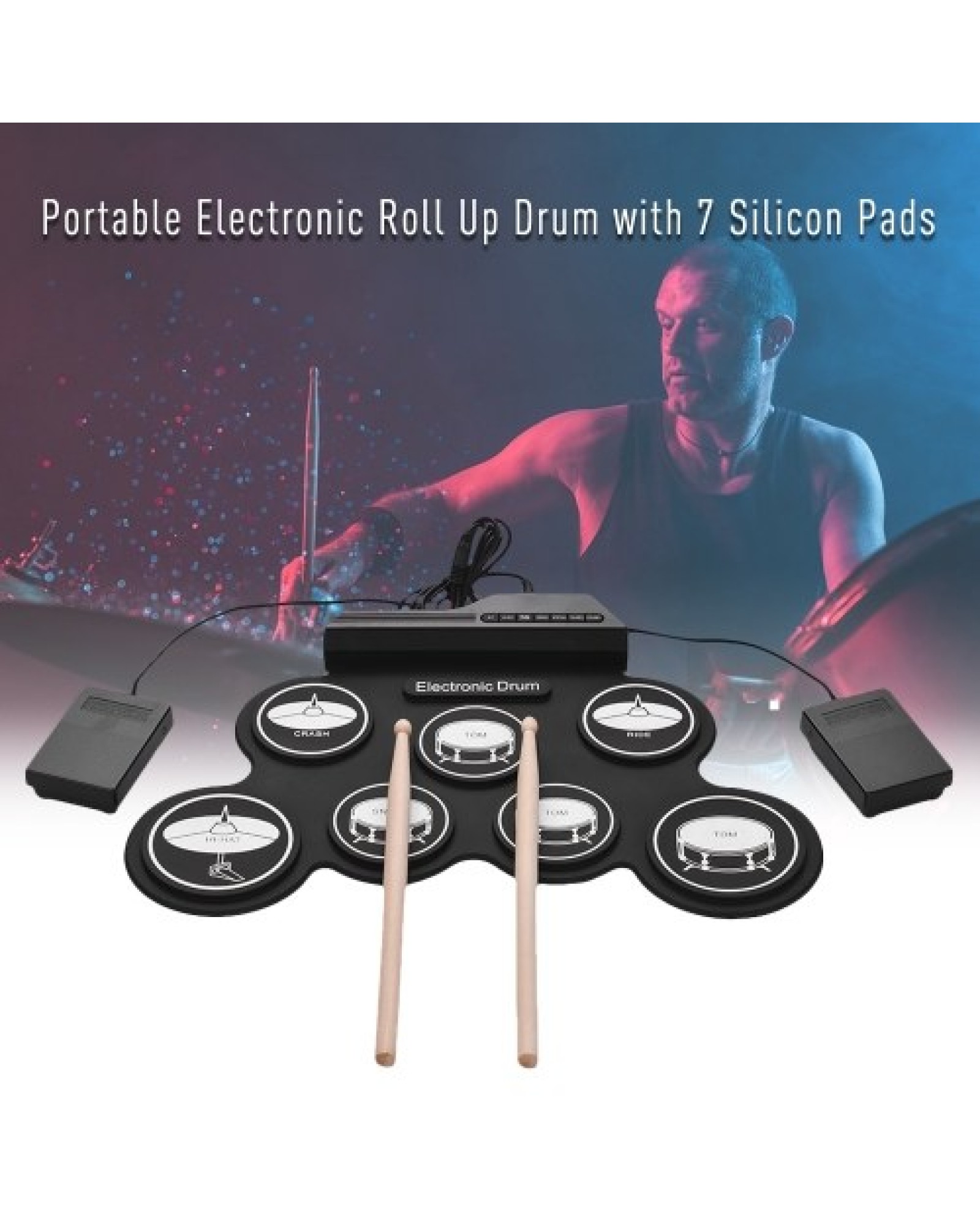 Compact Size USB Roll-Up Silicon Drum Set Digital Electronic Drum Kit 7 Drum Pads with Drumsticks Foot Pedals for Beginners Chil