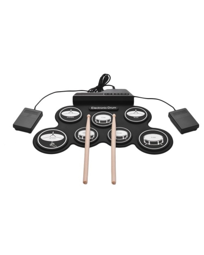 Compact Size USB Roll-Up Silicon Drum Set Digital Electronic Drum Kit 7 Drum Pads with Drumsticks Foot Pedals for Beginners Chil