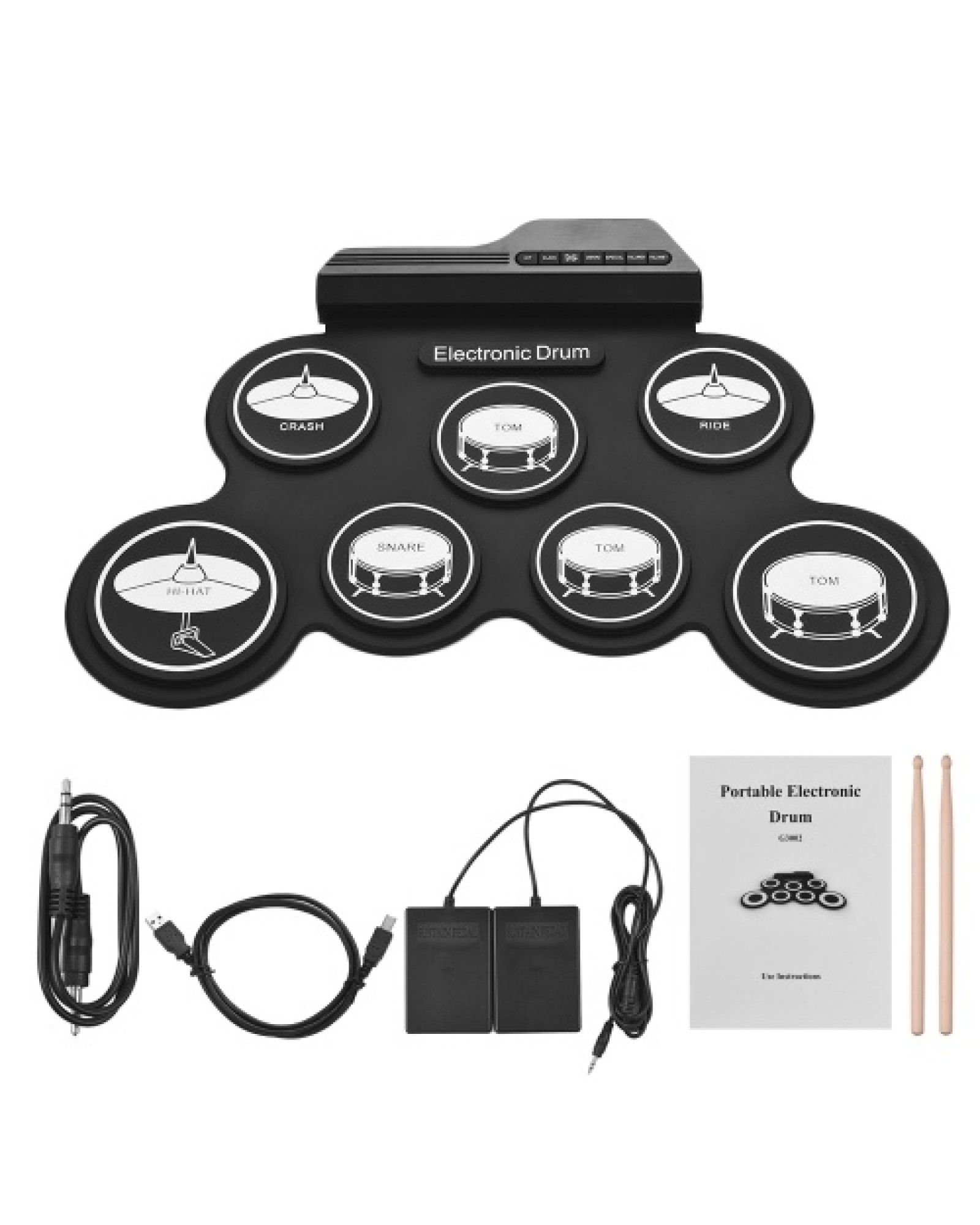 Compact Size USB Roll-Up Silicon Drum Set Digital Electronic Drum Kit 7 Drum Pads with Drumsticks Foot Pedals for Beginners Chil