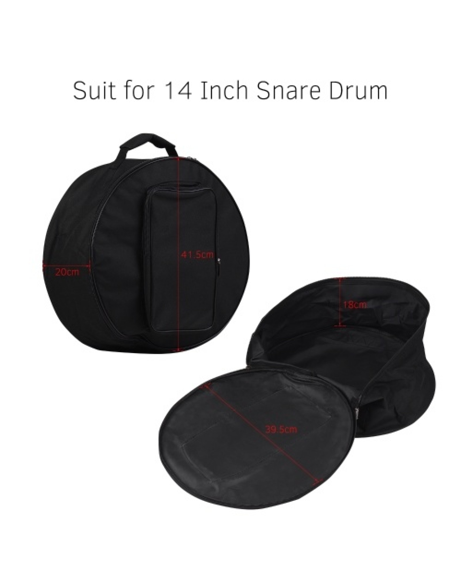 Compact Snare Drum Bag Backpack Case with Shoulder Strap Outside Pockets Musical Instrument Accessory Black