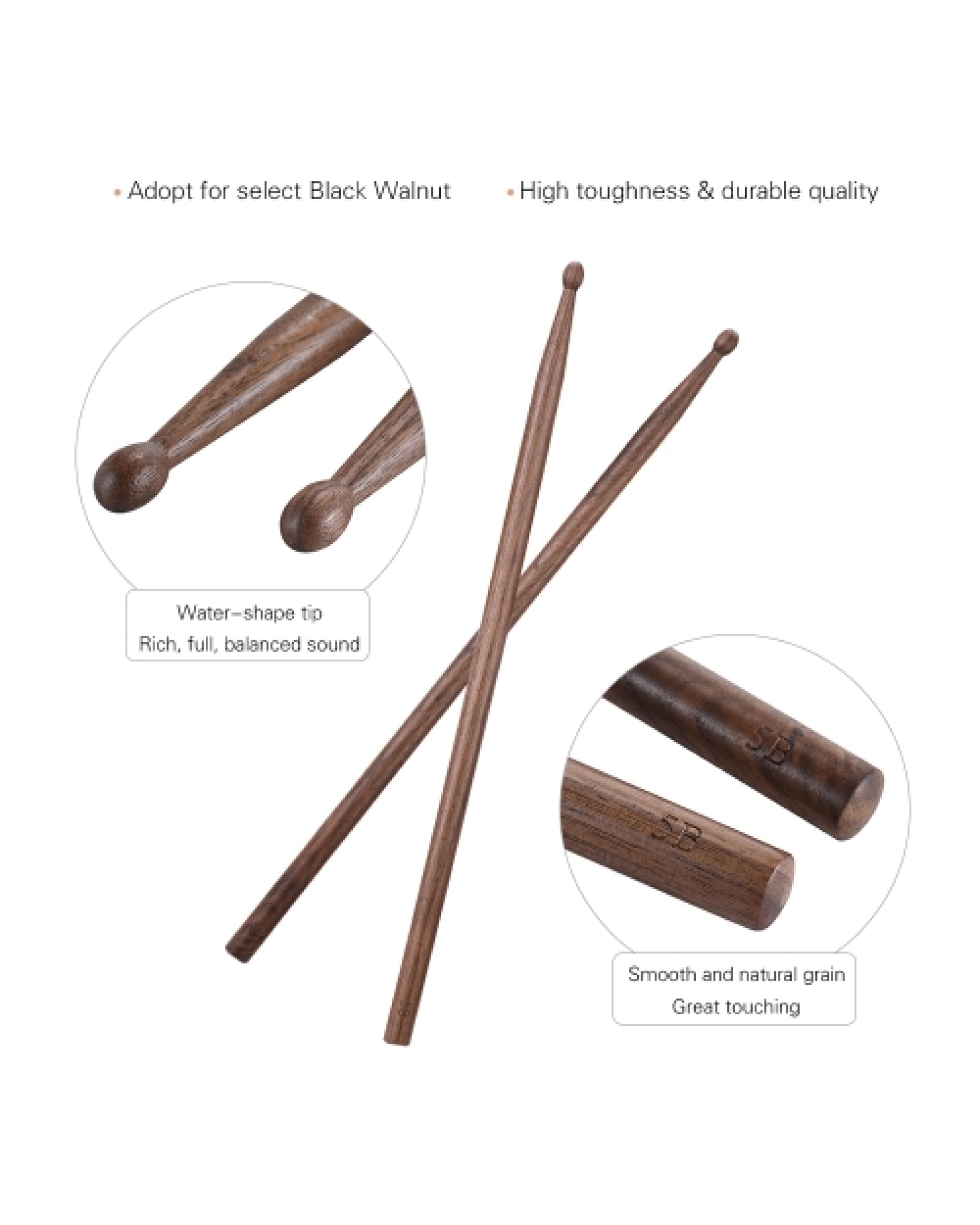 Pair of 5B Drumsticks Sticks Wave-shape Wood Tip Percussion Accessories for Drum Set Adopt for Black Walnut Wood