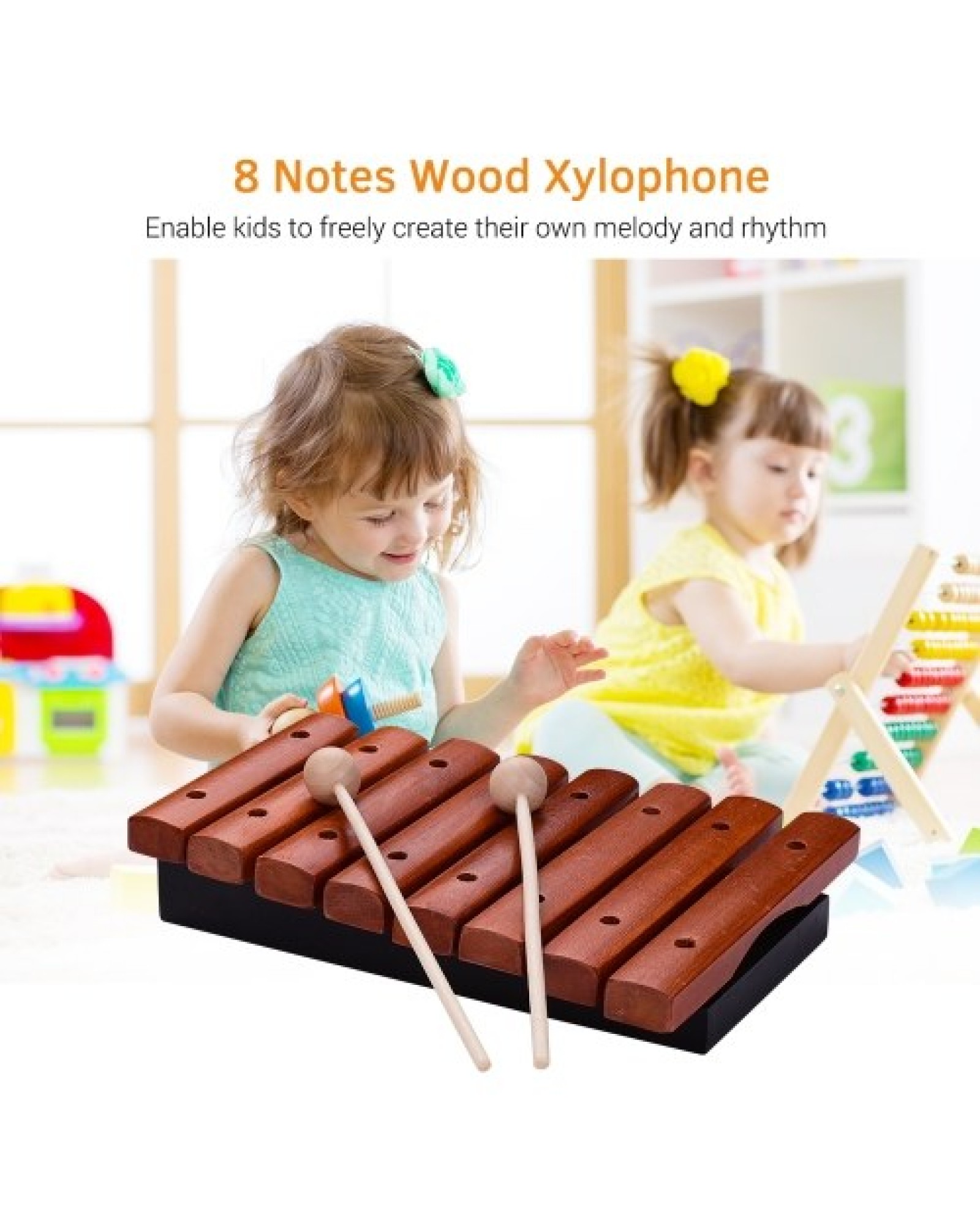 Musical Instrument 8 Notes Wood Xylophone Includes 2 Wooden Mallets
