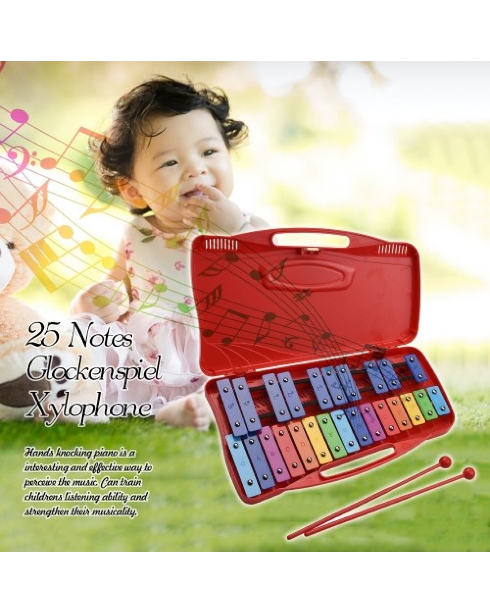 25 Notes Glockenspiel Xylophone Hand Knock Xylophone Percussion Rhythm Musical Educational Teaching Instrument Toy with Case 2 M