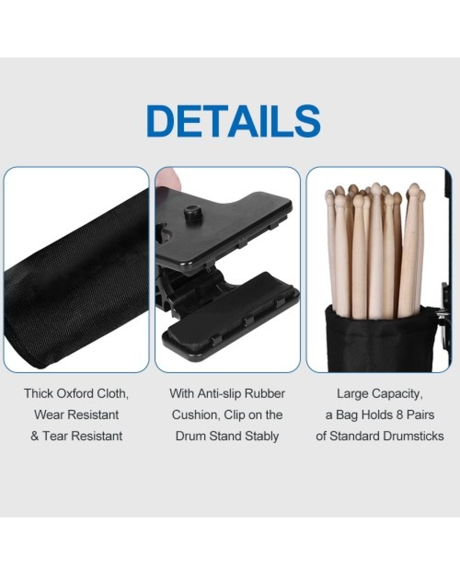 Drumstick Holder for Drum Set Clamp on Drum Stick Storage Bag Oxford Cloth Large Capacity Clip on Drumsticks Container for up to