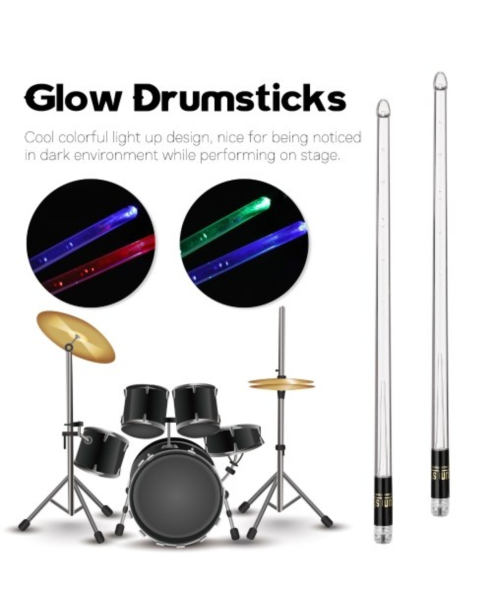 A Pair of Glow Drumsticks 15-Colors Light Drumstick Light Up Drumsticks Jazz Drumstick Drum Accessories