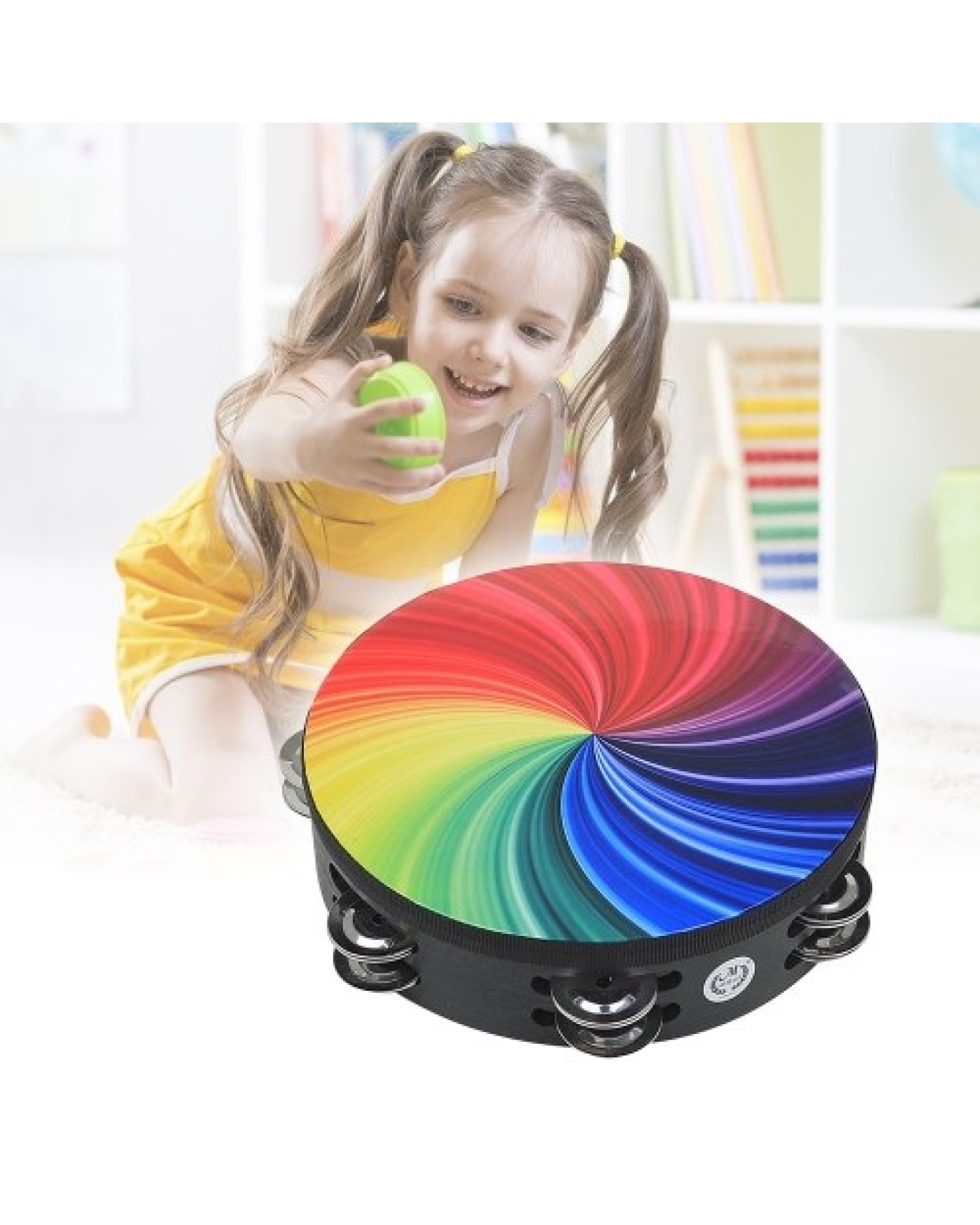 8 Inch Rainbow Tambourine Wooden Handbell Early Education Percussion Instrument