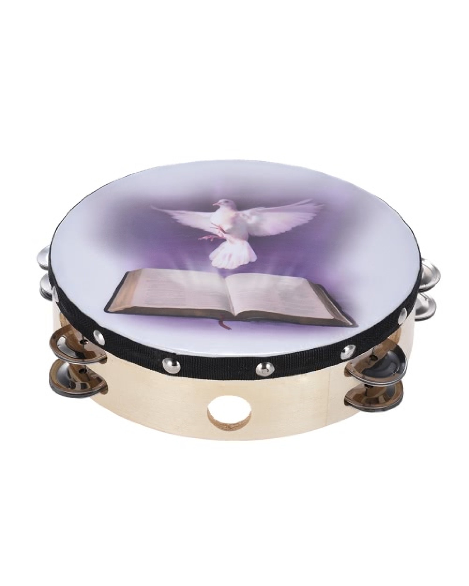 8" Double Row Jingle Tambourine Handbell Clap Drum Percussion Instrument with Dove &amp; Bible Pattern for Church