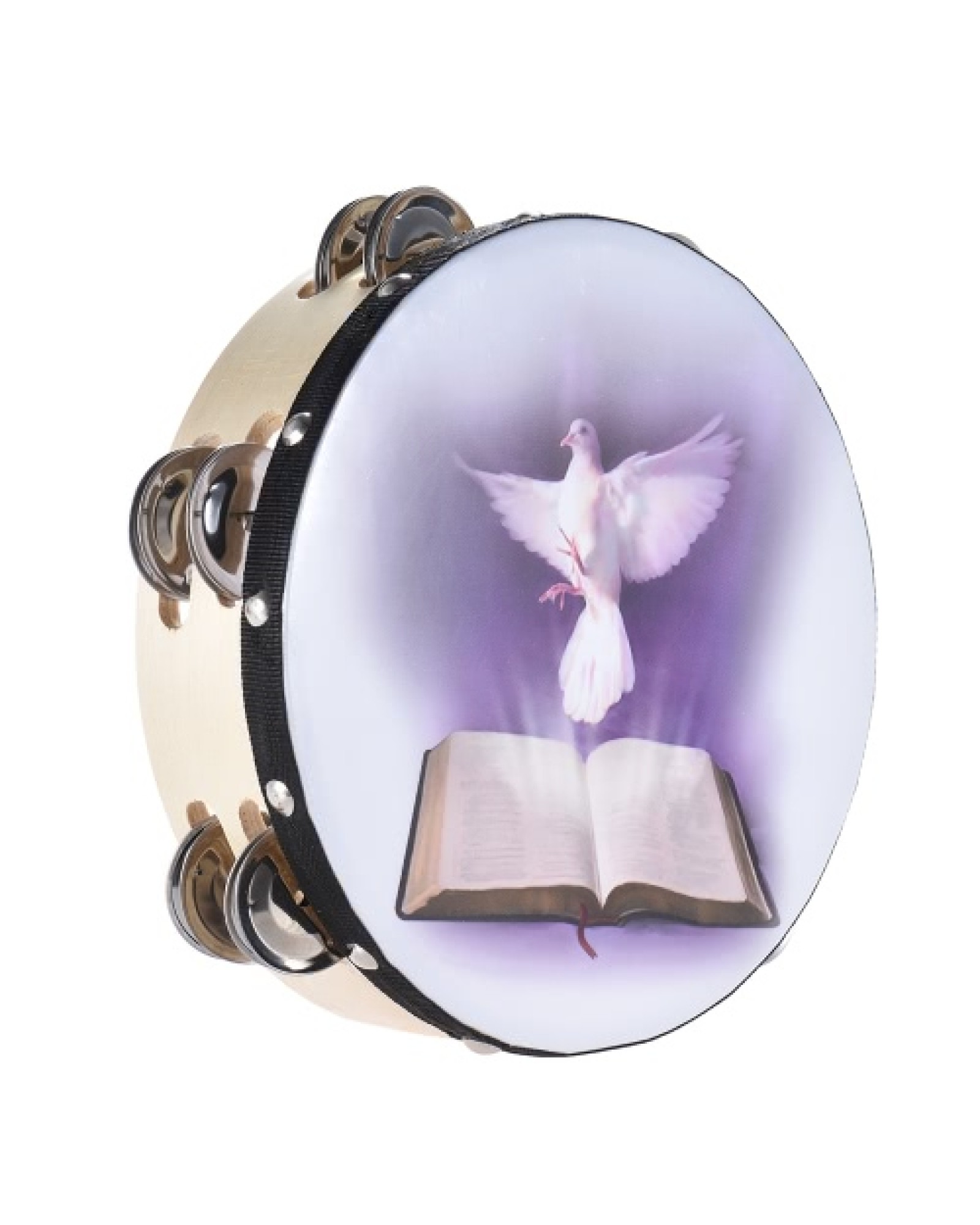 8" Double Row Jingle Tambourine Handbell Clap Drum Percussion Instrument with Dove &amp; Bible Pattern for Church
