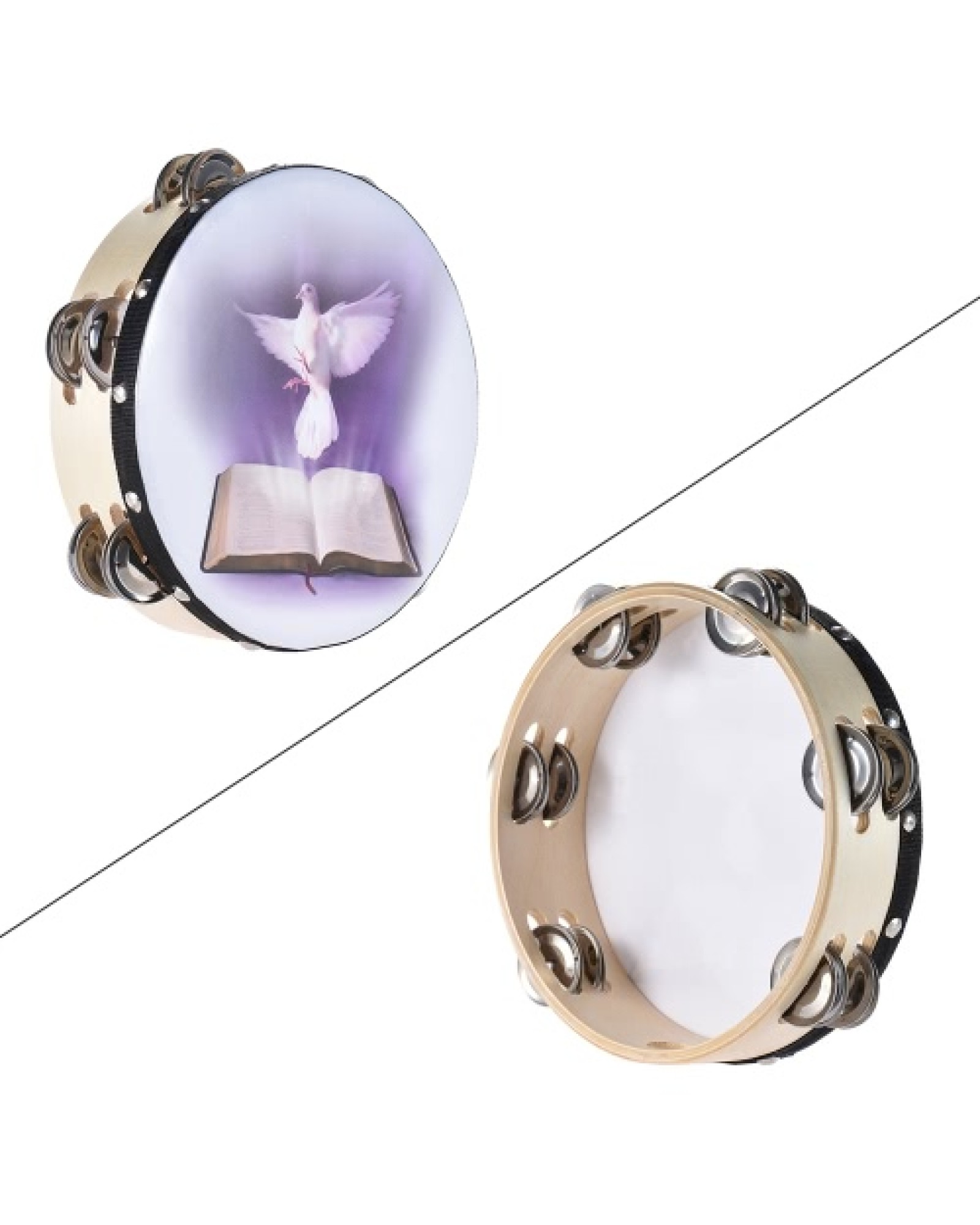 8" Double Row Jingle Tambourine Handbell Clap Drum Percussion Instrument with Dove &amp; Bible Pattern for Church