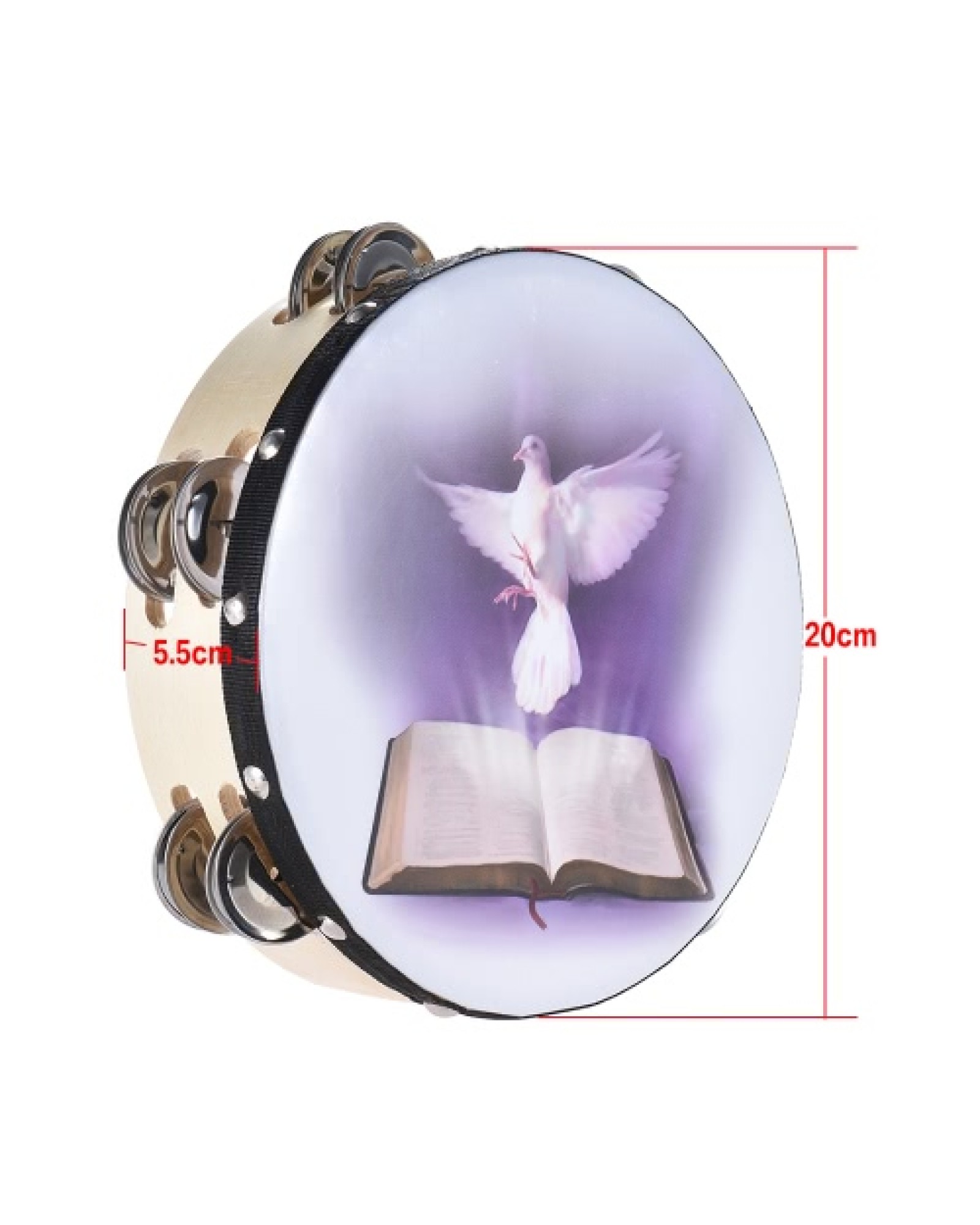 8" Double Row Jingle Tambourine Handbell Clap Drum Percussion Instrument with Dove &amp; Bible Pattern for Church