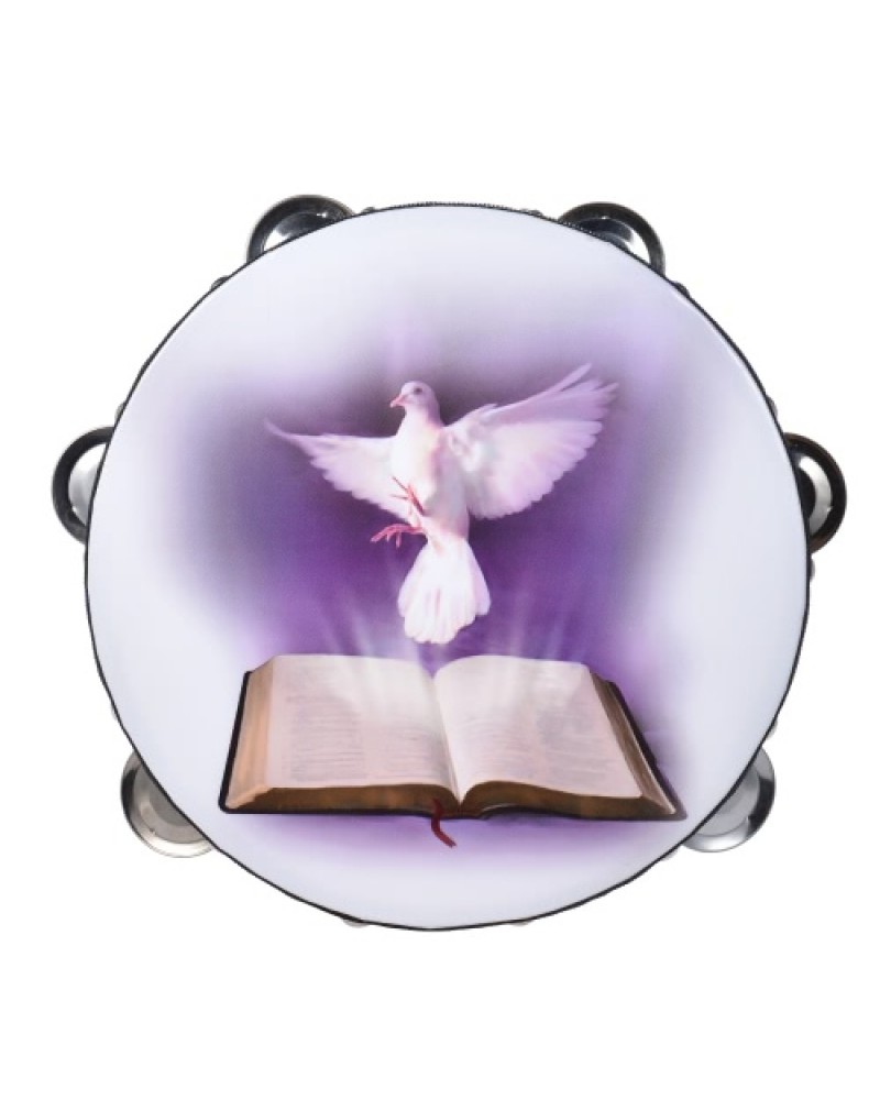 8" Double Row Jingle Tambourine Handbell Clap Drum Percussion Instrument with Dove &amp; Bible Pattern for Church