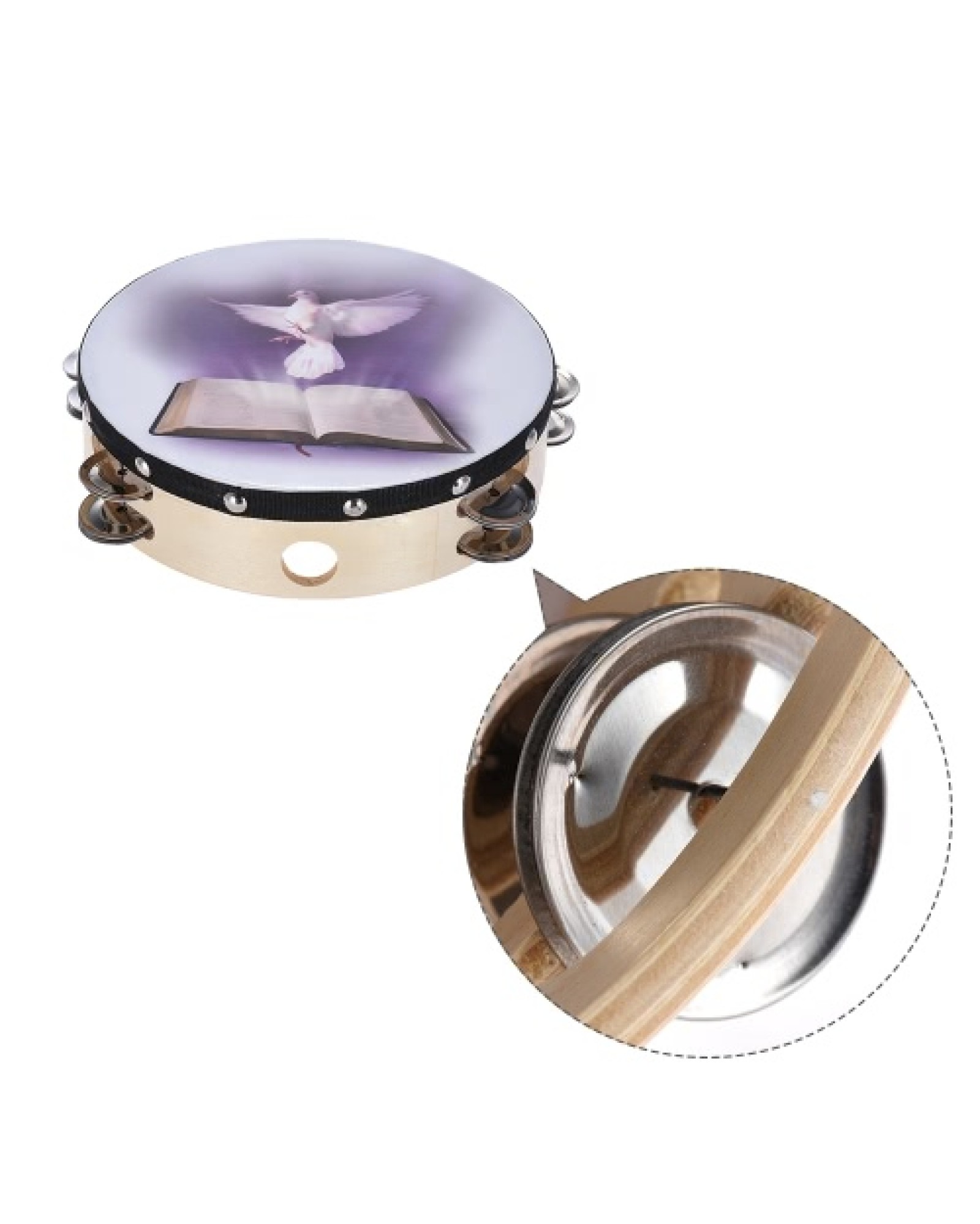 8" Double Row Jingle Tambourine Handbell Clap Drum Percussion Instrument with Dove &amp; Bible Pattern for Church