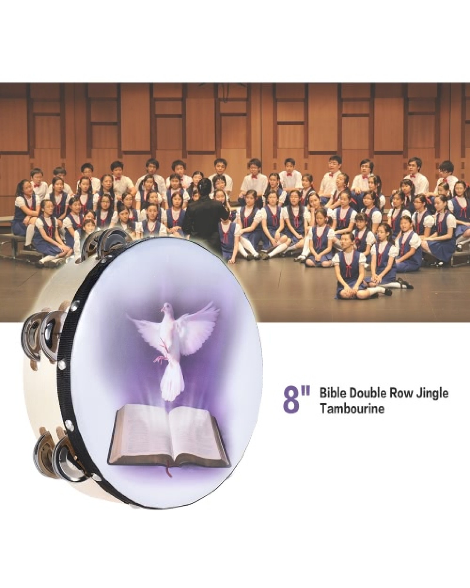 8" Double Row Jingle Tambourine Handbell Clap Drum Percussion Instrument with Dove &amp; Bible Pattern for Church