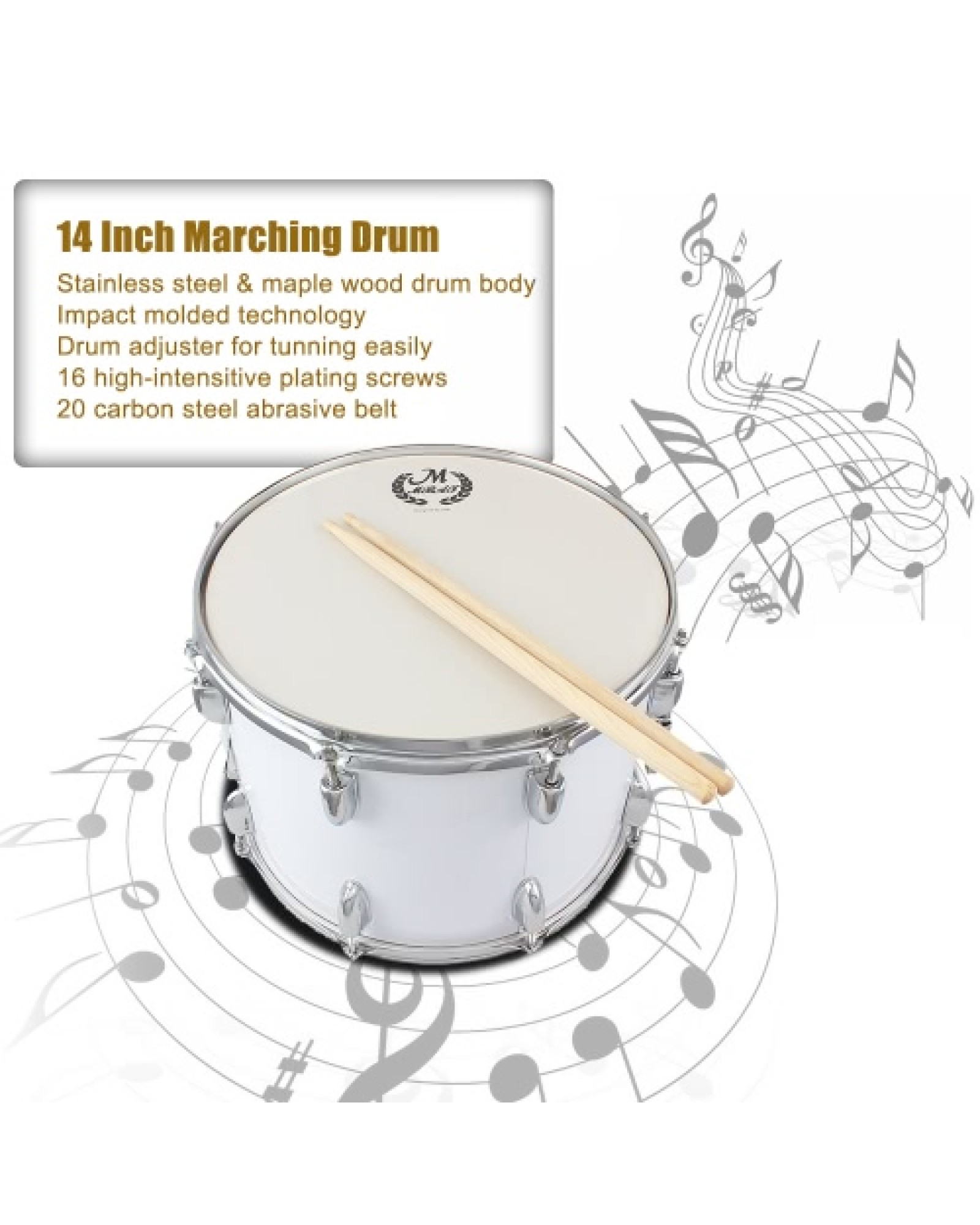 14in Marching Drum Stainless Steel &amp; Maple Wood Body PVC Drumhead with Sticks Shoulder Strap Key for Student Professional Dr