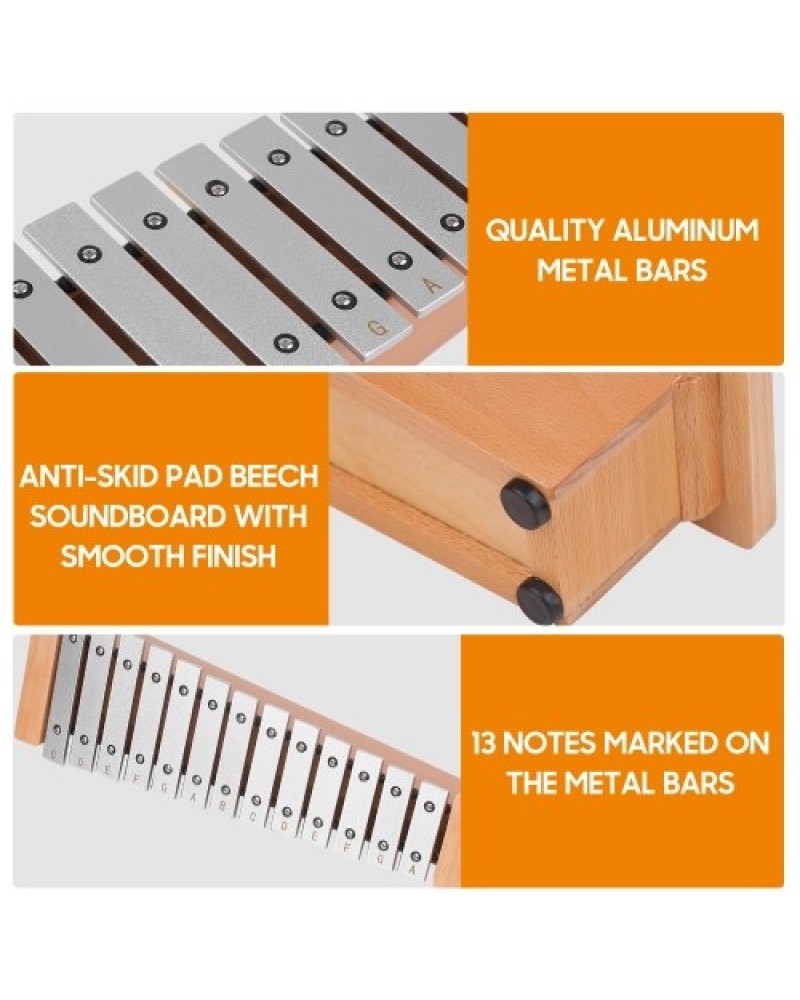13-Note Glockenspiel Portable Aluminum Piano Xylophone Percussion Instrument Musical Instrument with Wooden Sticks