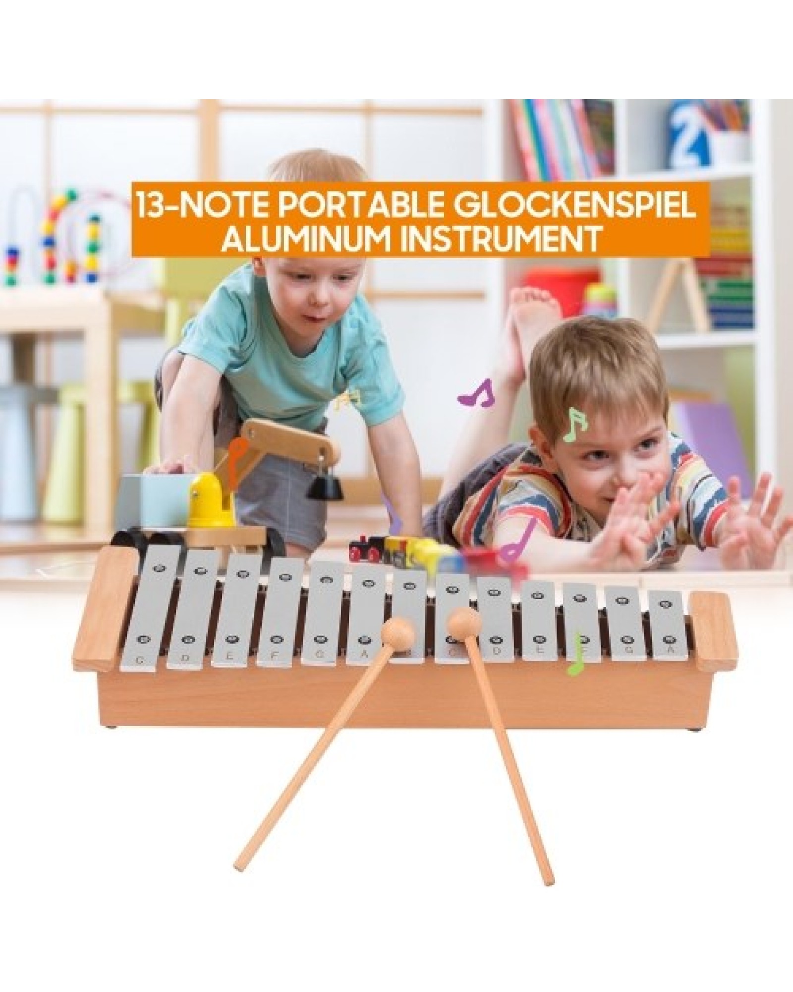 13-Note Glockenspiel Portable Aluminum Piano Xylophone Percussion Instrument Musical Instrument with Wooden Sticks