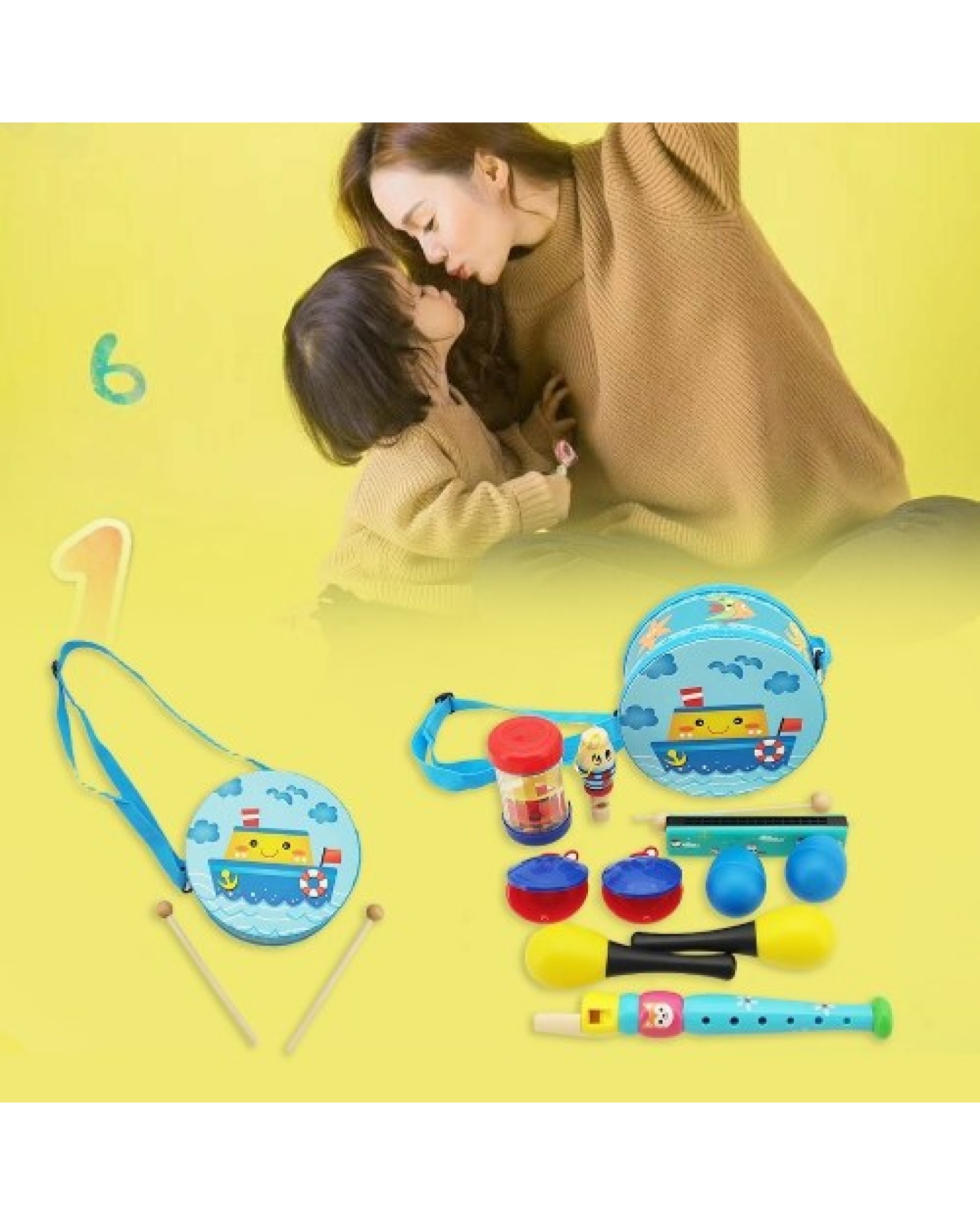 8 PCS Kids Children Musical Instruments Set Early Childhood Educational Music Tool Set Drum Clarinet Whistles Rain Sounder Harmo