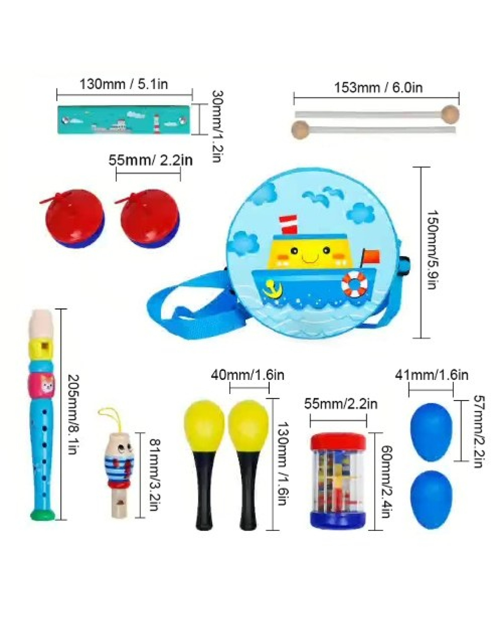 8 PCS Kids Children Musical Instruments Set Early Childhood Educational Music Tool Set Drum Clarinet Whistles Rain Sounder Harmo