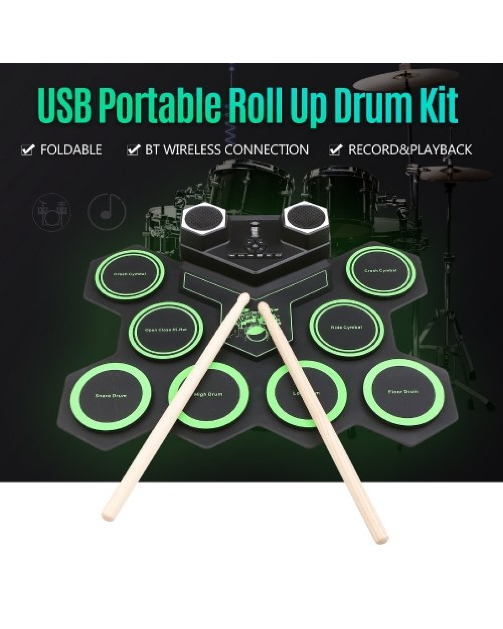 USB Portable Roll Up Drum Kit Silicone Roll Up Electronic Drum Roll-up Drum Sets Portable Drums Foldable Drum Kit for Beginners 