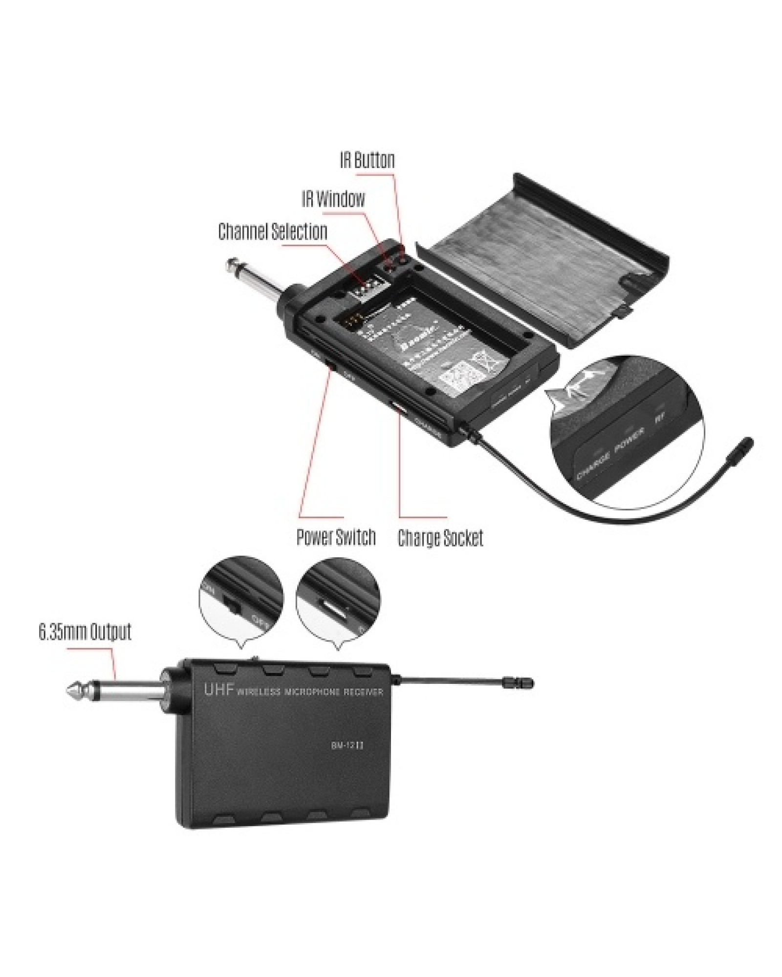 Baomic BM-12/V2 Professional UHF Wireless Instrument Microphone System Receiver &amp; Transmitter