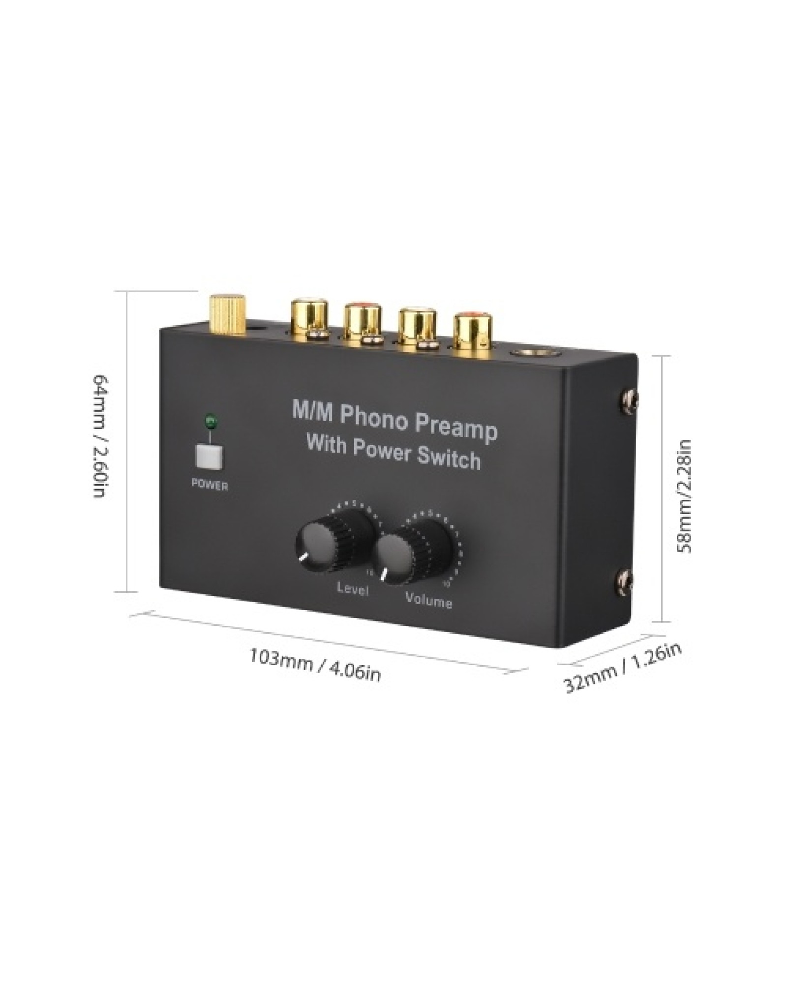 M/M Phono Preamp with Power Switch Ultra-compact Preamplifier with Level &amp; Volume Control RCA Input &amp; Output 1/4 Inch TR