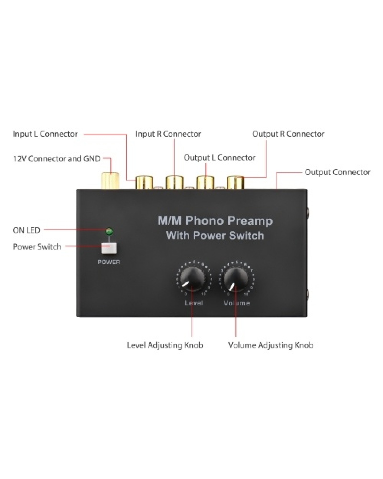 M/M Phono Preamp with Power Switch Ultra-compact Preamplifier with Level &amp; Volume Control RCA Input &amp; Output 1/4 Inch TR