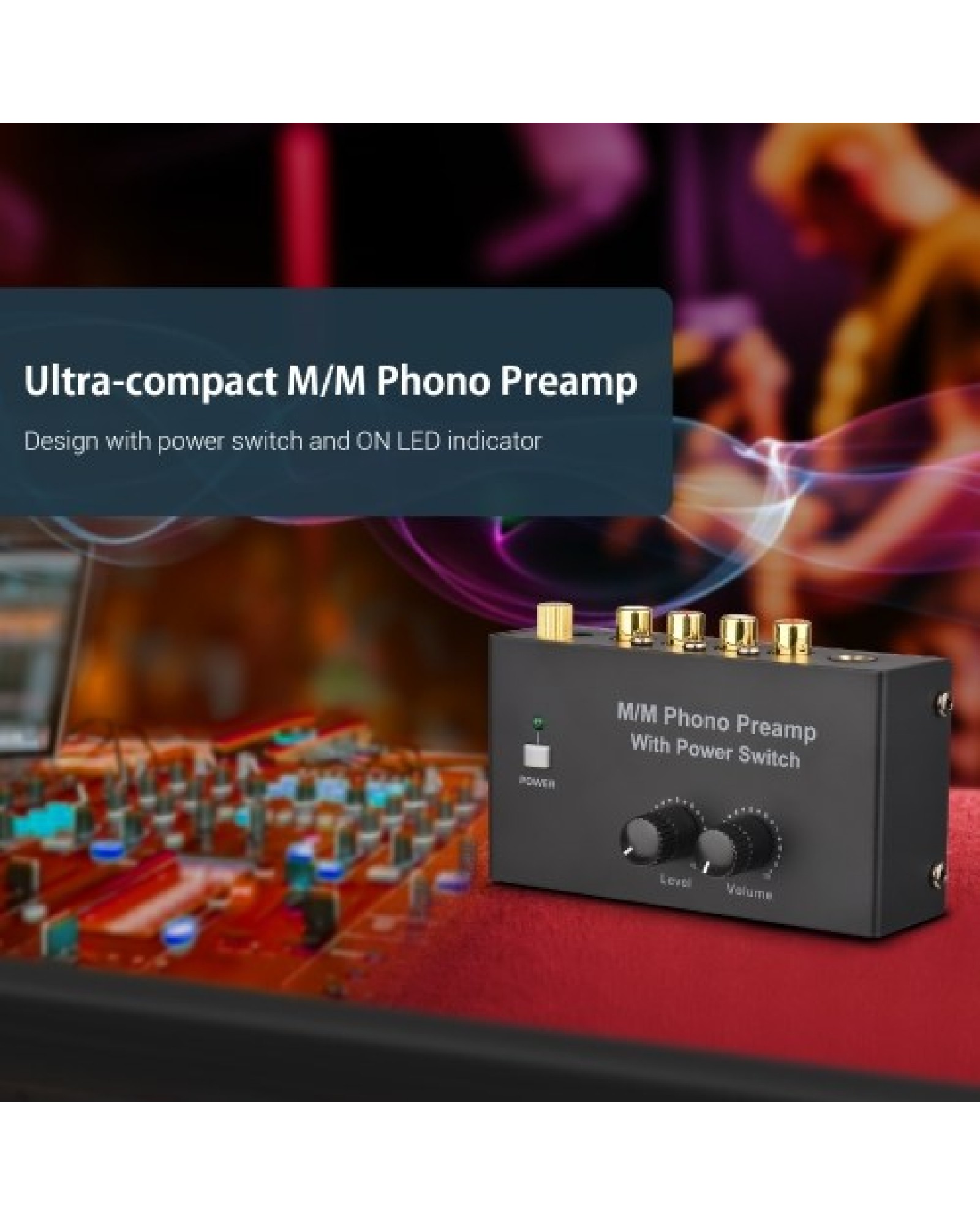 M/M Phono Preamp with Power Switch Ultra-compact Preamplifier with Level &amp; Volume Control RCA Input &amp; Output 1/4 Inch TR