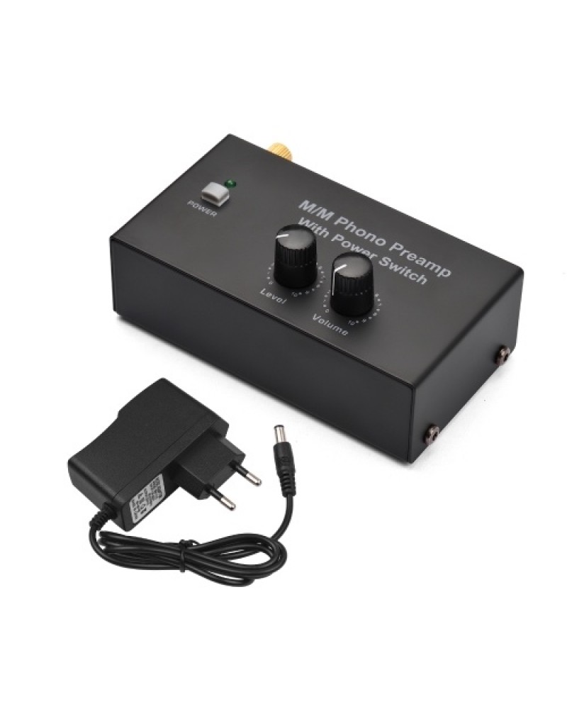 M/M Phono Preamp with Power Switch Ultra-compact Preamplifier with Level &amp; Volume Control RCA Input &amp; Output 1/4 Inch TR