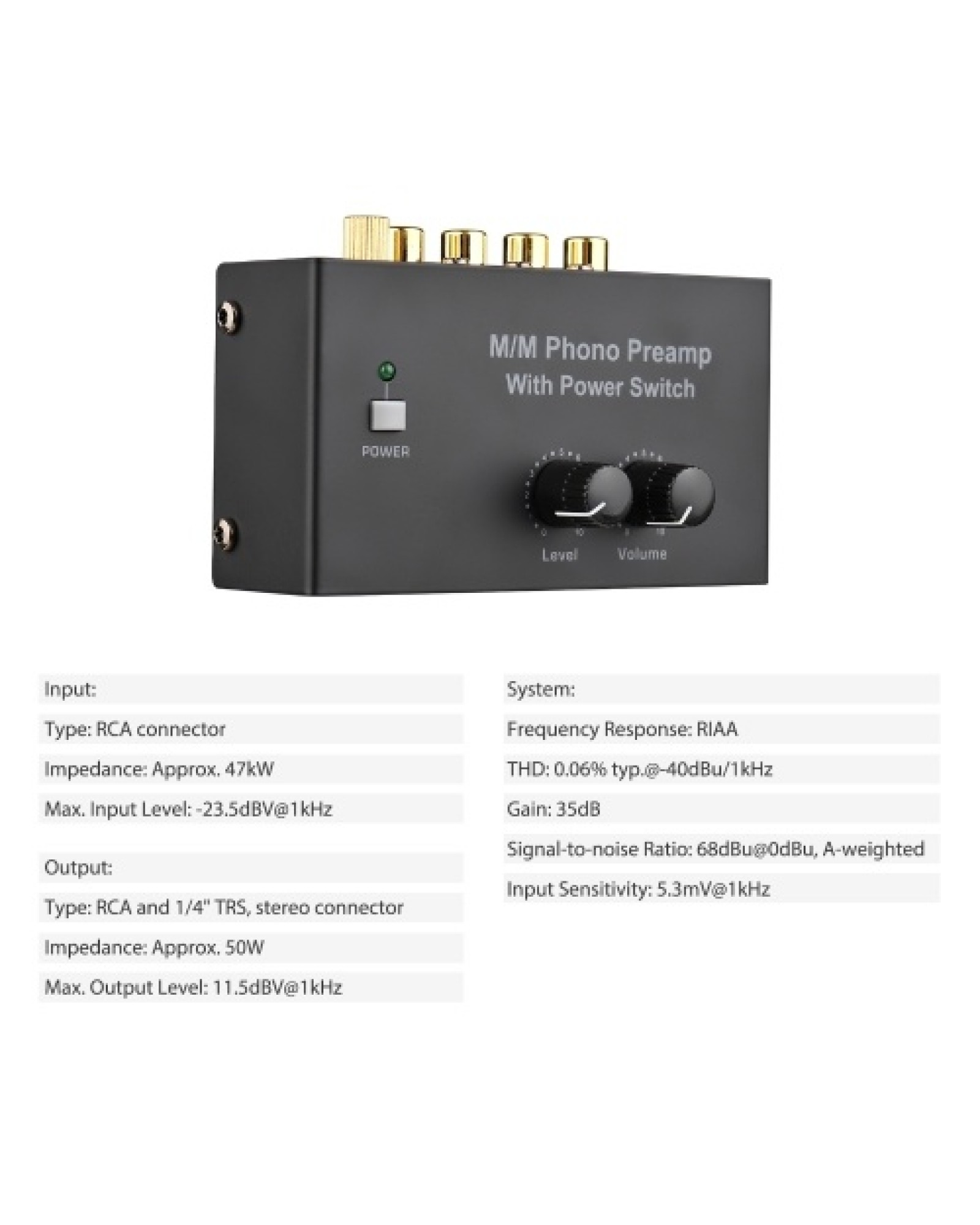 M/M Phono Preamp with Power Switch Ultra-compact Preamplifier with Level &amp; Volume Control RCA Input &amp; Output 1/4 Inch TR