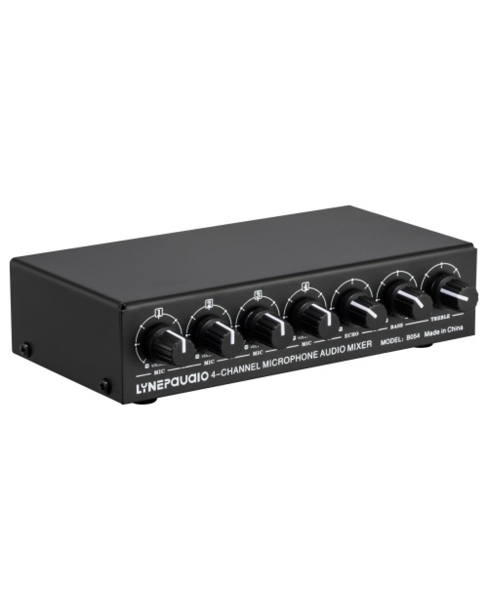 4-Channel Microphone Mixer Support Stereo Output Mini Audio Mixer with Reverb Treble and Bass Adjustment