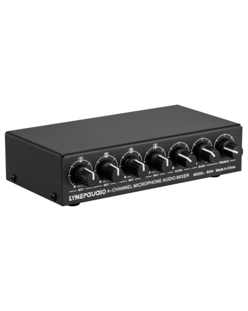 4-Channel Microphone Mixer Support Stereo Output Mini Audio Mixer with Reverb Treble and Bass Adjustment