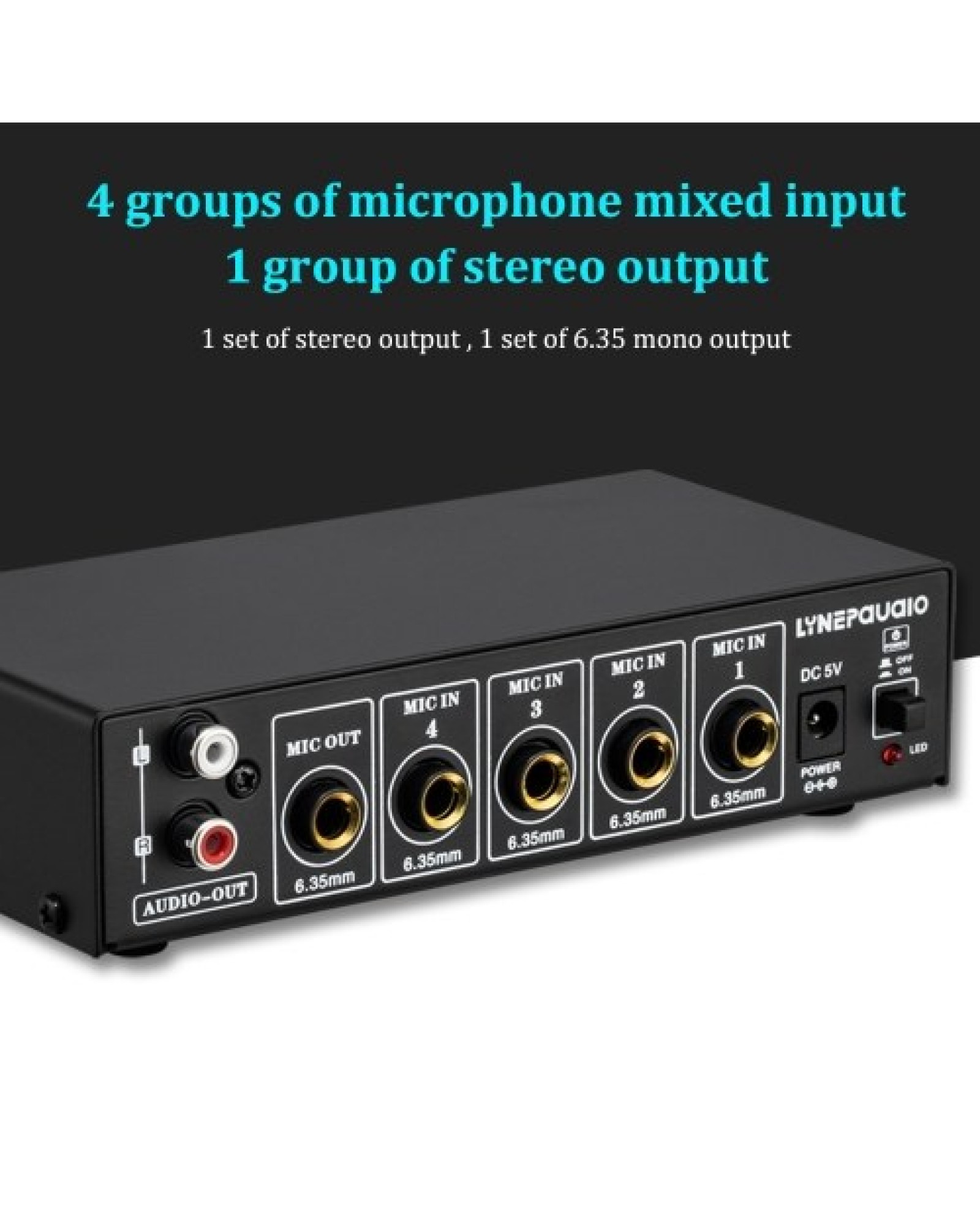 4-Channel Microphone Mixer Support Stereo Output Mini Audio Mixer with Reverb Treble and Bass Adjustment