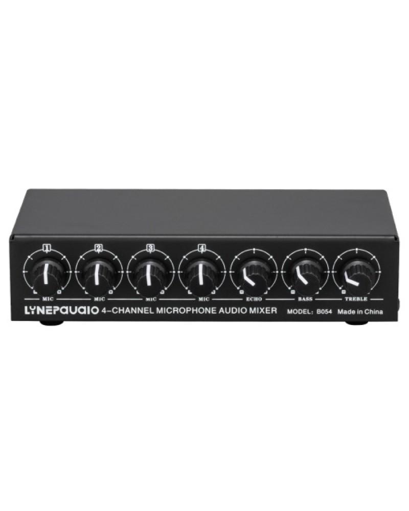 4-Channel Microphone Mixer Support Stereo Output Mini Audio Mixer with Reverb Treble and Bass Adjustment