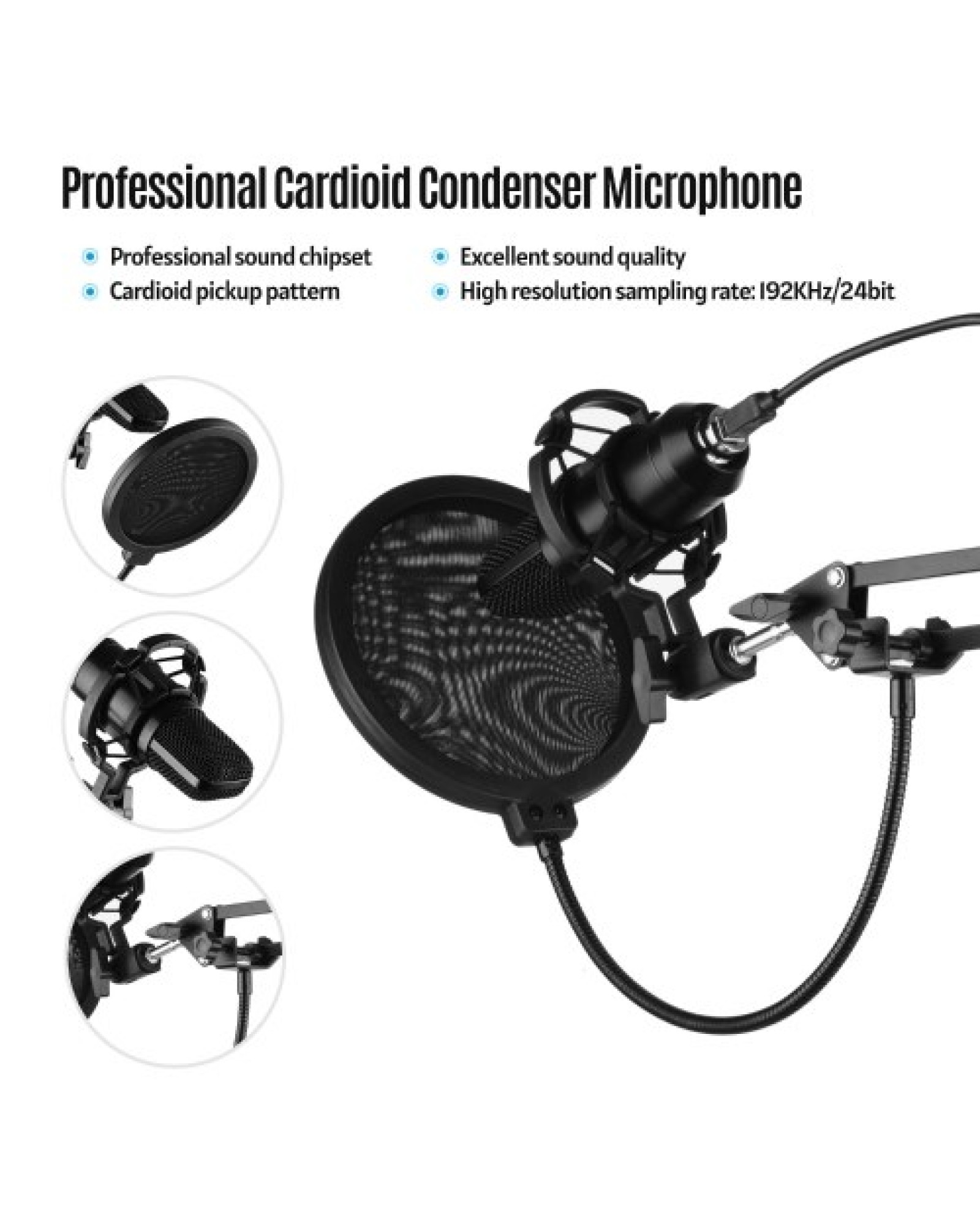 USB Professional PC Microphone Set Cardioid 192KHz/24Bit Noise-Cancelling Condenser Mic
