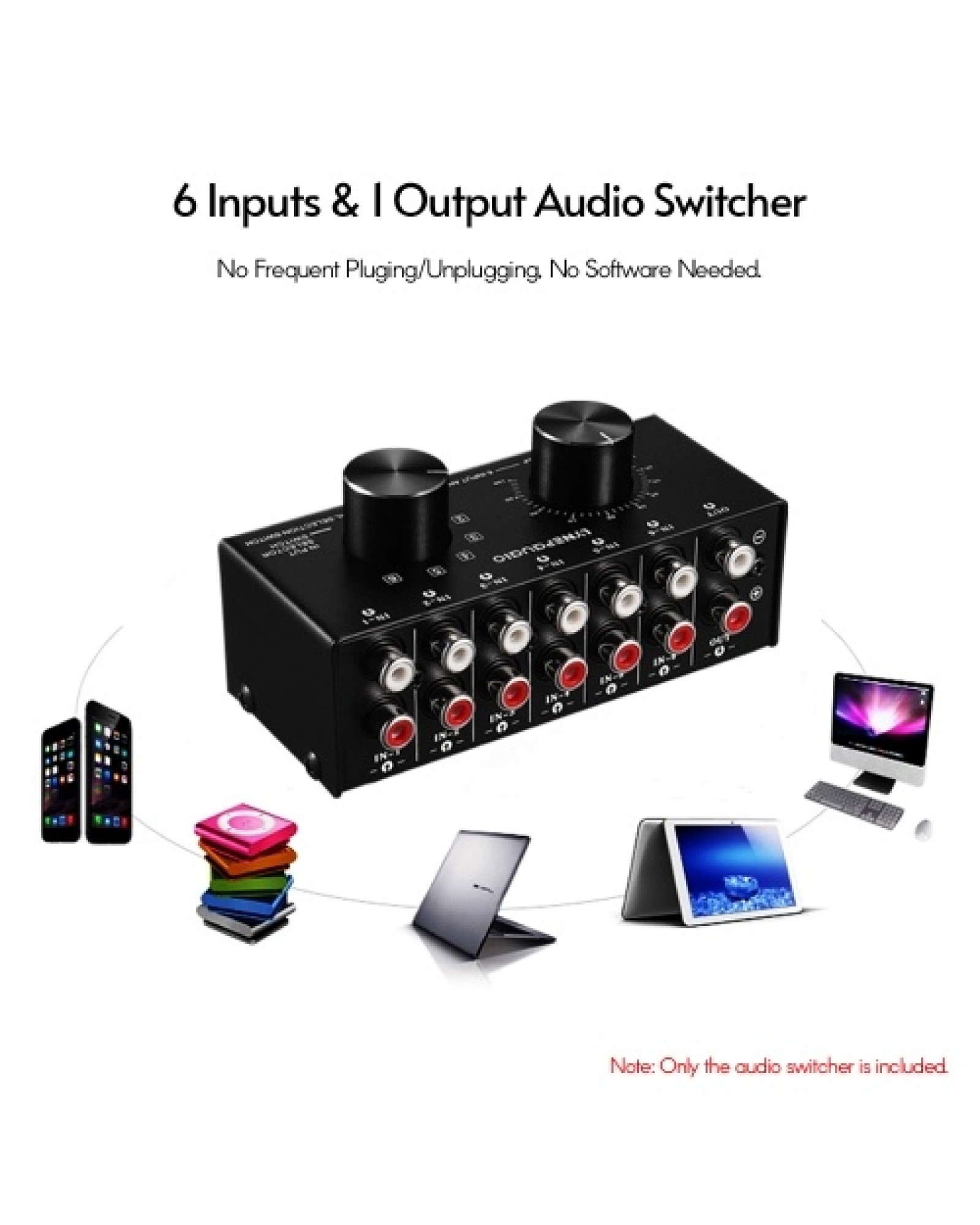 6-In-1-Out Audio Switcher Audio Signal Selector Box Splitter Distributor with Volume Control RCA Jacks