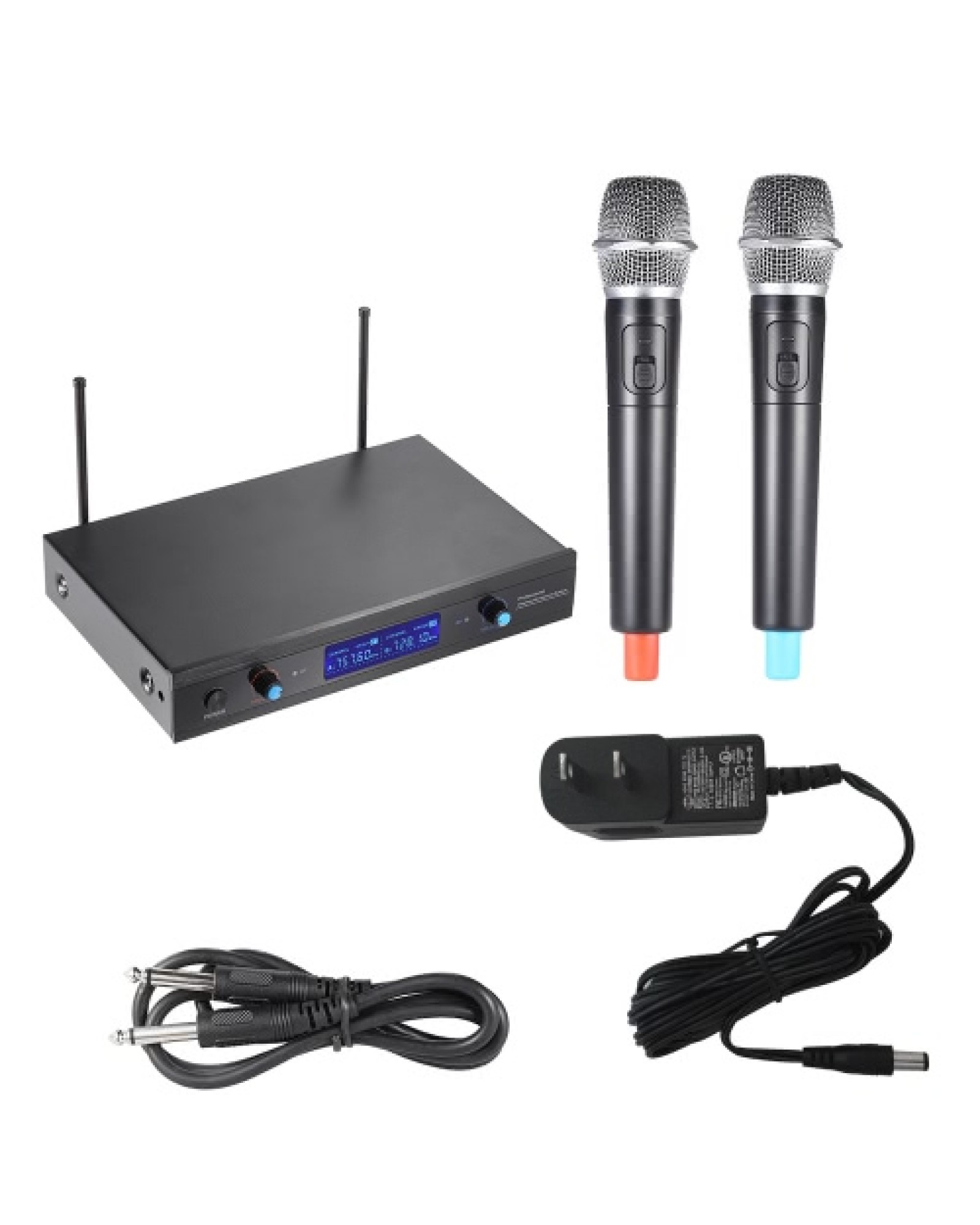 2-Channnel Handheld Wireless UHF Microphone Mic System 2 Microphones 1 Receiver LCD Display with 6.35mm Audio Cable Power Adapte