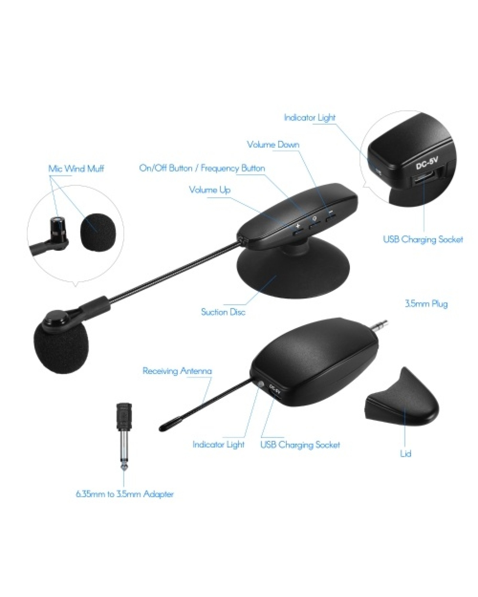 Wireless UHF Microphone System 1 Transmitter and 1 Receiver Musical Instrument Wearable Clip Condenser Mic