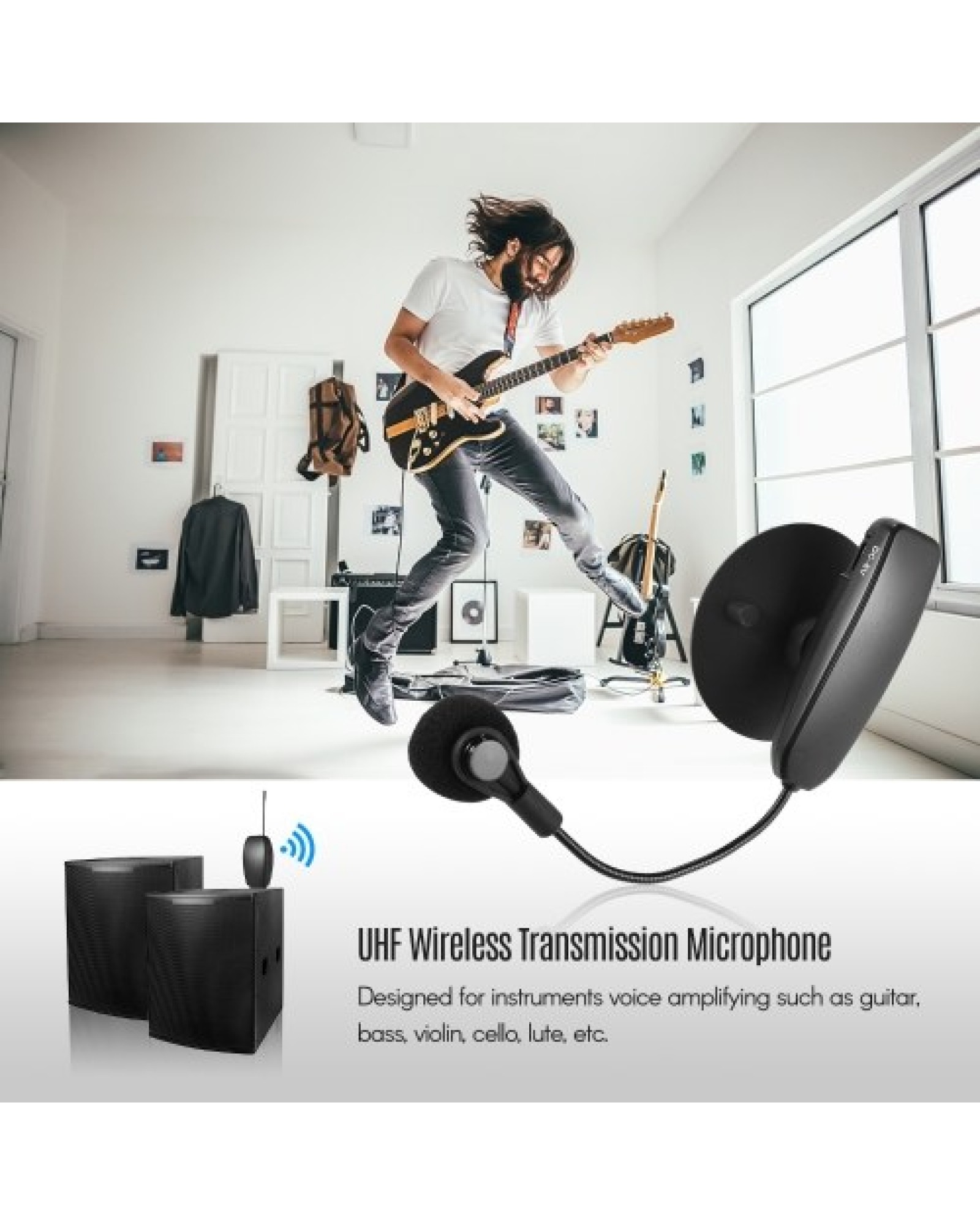 Wireless UHF Microphone System 1 Transmitter and 1 Receiver Musical Instrument Wearable Clip Condenser Mic