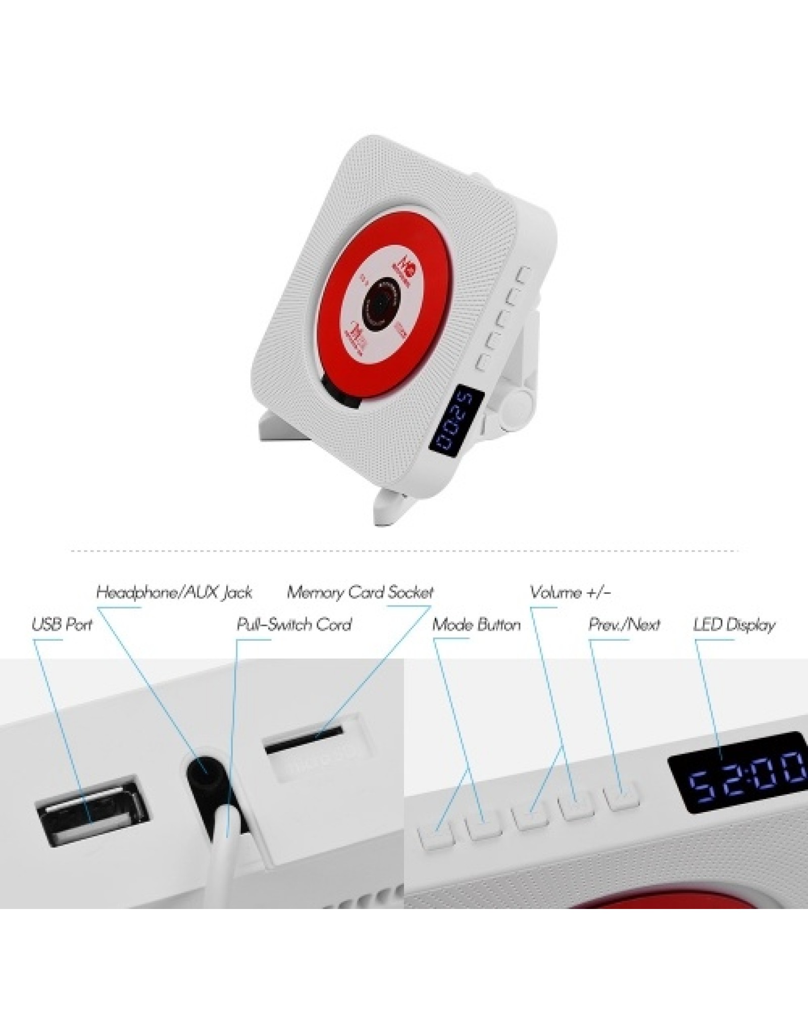 Wall Mounted CD Players with LED Display Portable Music Audio Boombox Remote Control Support BT/ USB/ Memory Card/ FM Modes