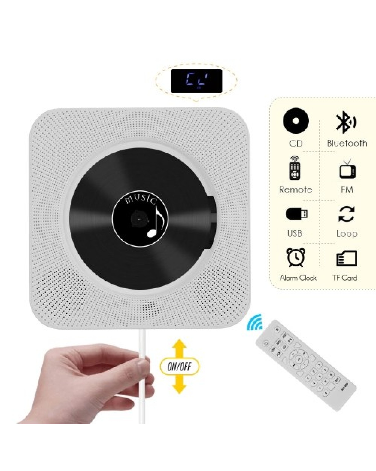 Wall Mounted CD Players with LED Display Portable Music Audio Boombox Remote Control Support BT/ USB/ Memory Card/ FM Modes