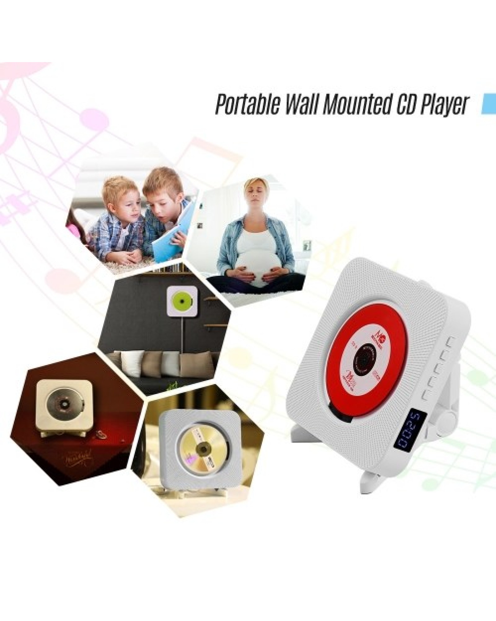 Wall Mounted CD Players with LED Display Portable Music Audio Boombox Remote Control Support BT/ USB/ Memory Card/ FM Modes