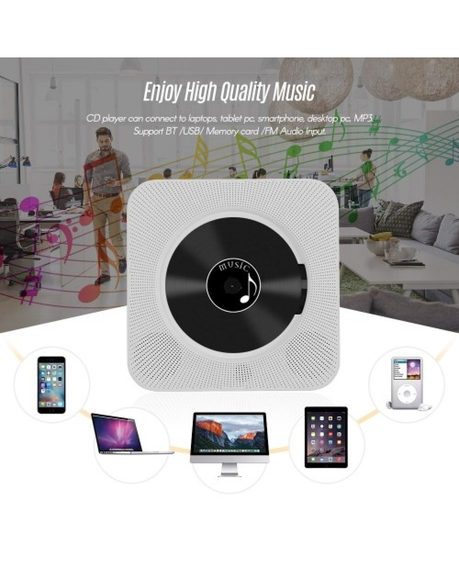 Wall Mounted CD Players with LED Display Portable Music Audio Boombox Remote Control Support BT/ USB/ Memory Card/ FM Modes